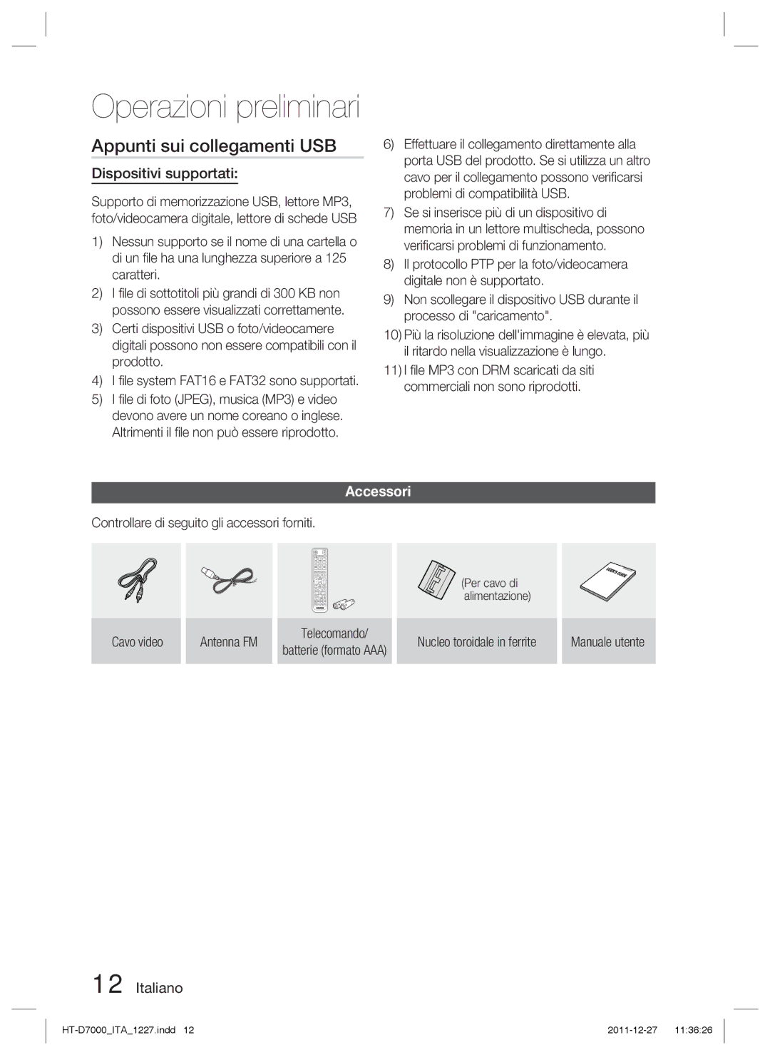 Samsung HT-D7000/ZF manual Appunti sui collegamenti USB, Dispositivi supportati, Accessori 