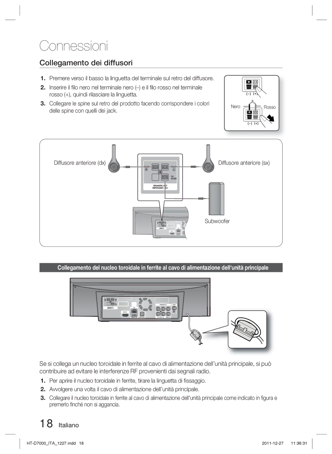 Samsung HT-D7000/ZF manual Collegamento dei diffusori, Delle spine con quelli dei jack, Diffusore anteriore dx, Subwoofer 