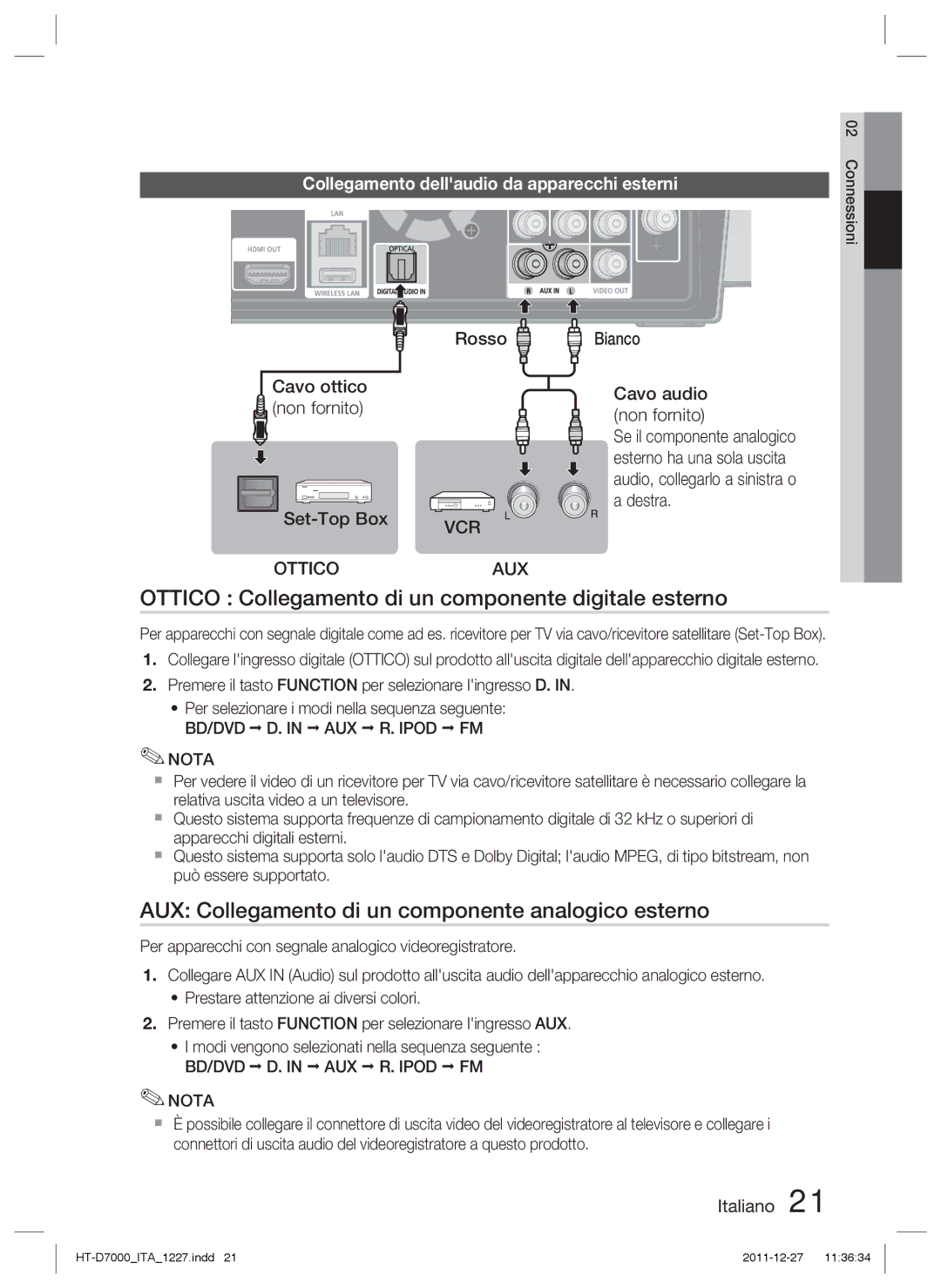 Samsung HT-D7000/ZF Ottico Collegamento di un componente digitale esterno, Collegamento dellaudio da apparecchi esterni 