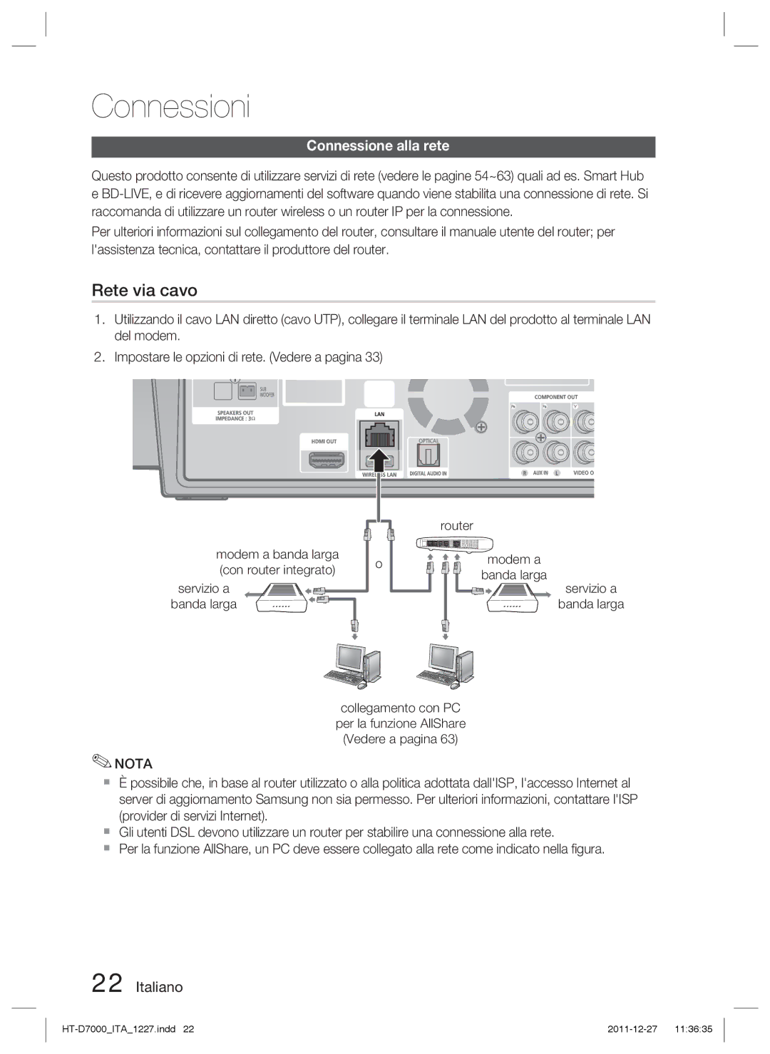 Samsung HT-D7000/ZF manual Connessione alla rete, Modem a banda larga con router integrato 