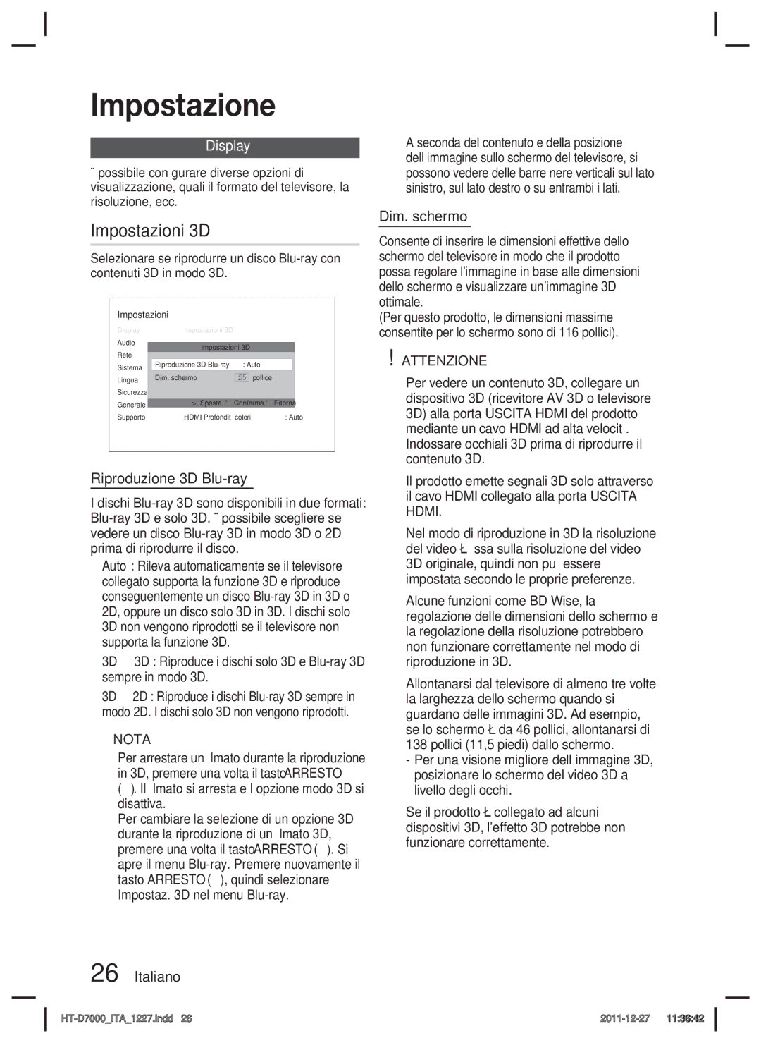 Samsung HT-D7000/ZF manual Impostazioni 3D, Display, Riproduzione 3D Blu-ray, Dim. schermo 