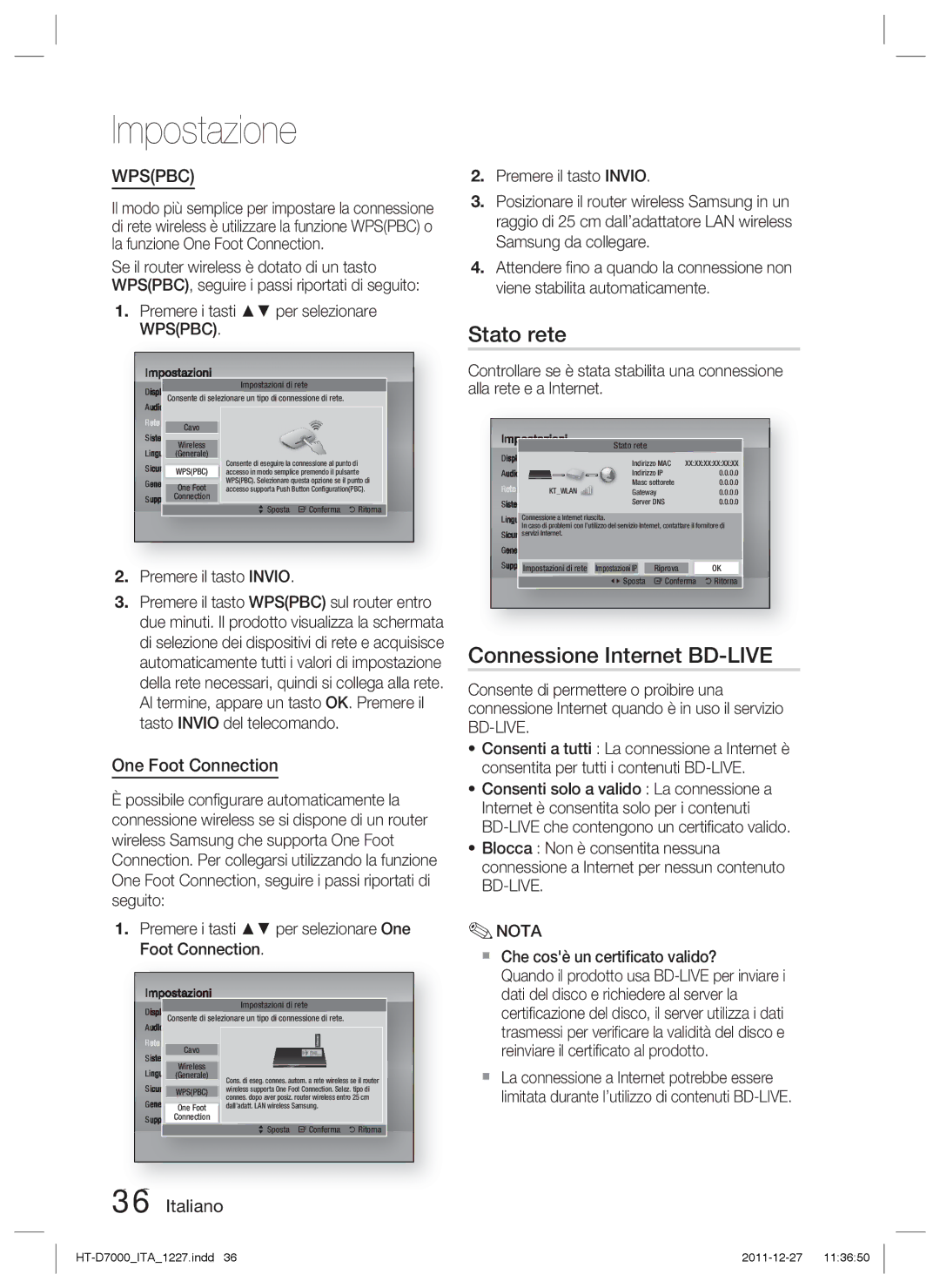 Samsung HT-D7000/ZF manual Stato rete, Connessione Internet BD-LIVE, One Foot Connection 