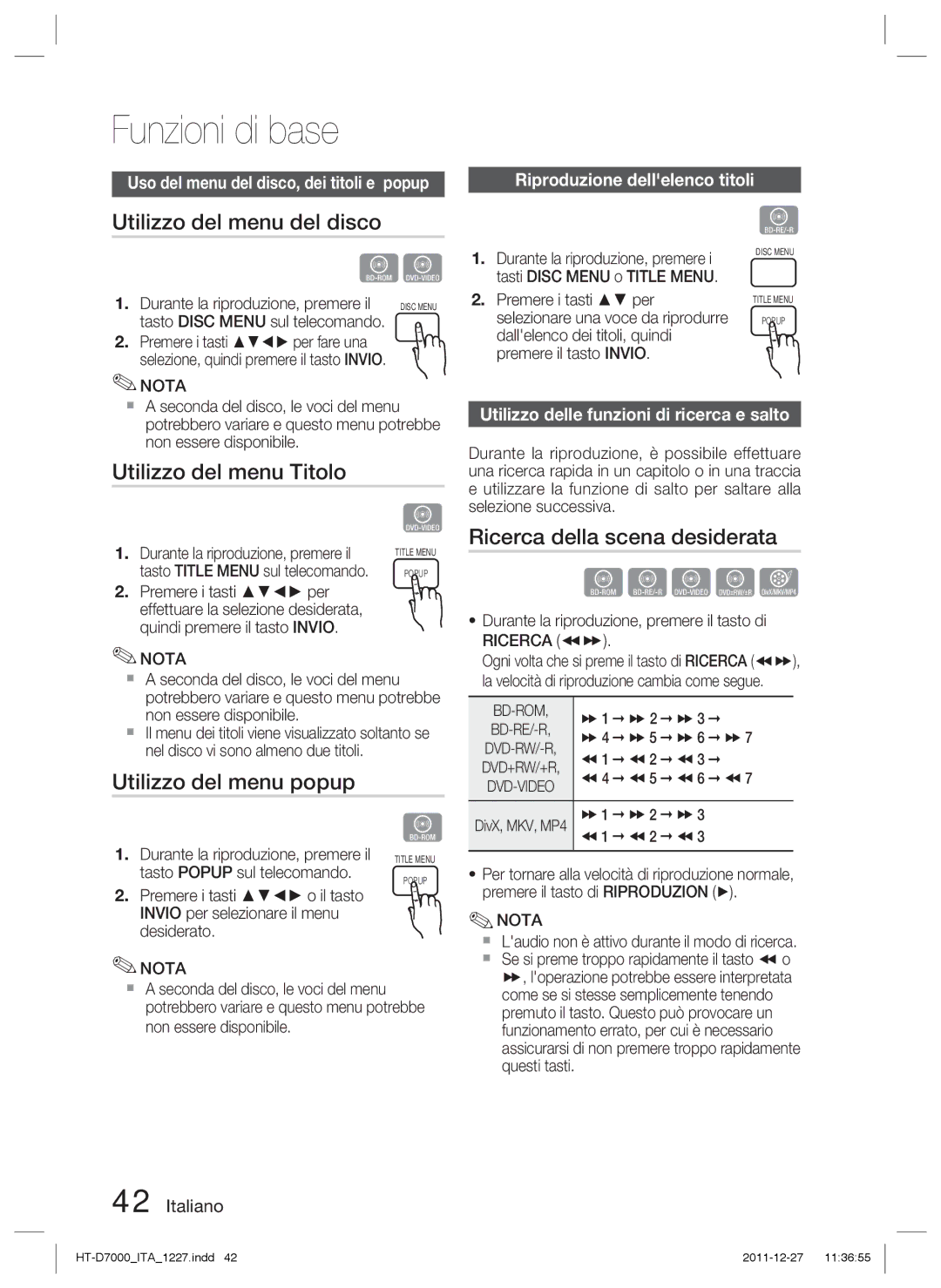 Samsung HT-D7000/ZF manual Funzioni di base, Utilizzo del menu del disco, Utilizzo del menu Titolo, Utilizzo del menu popup 