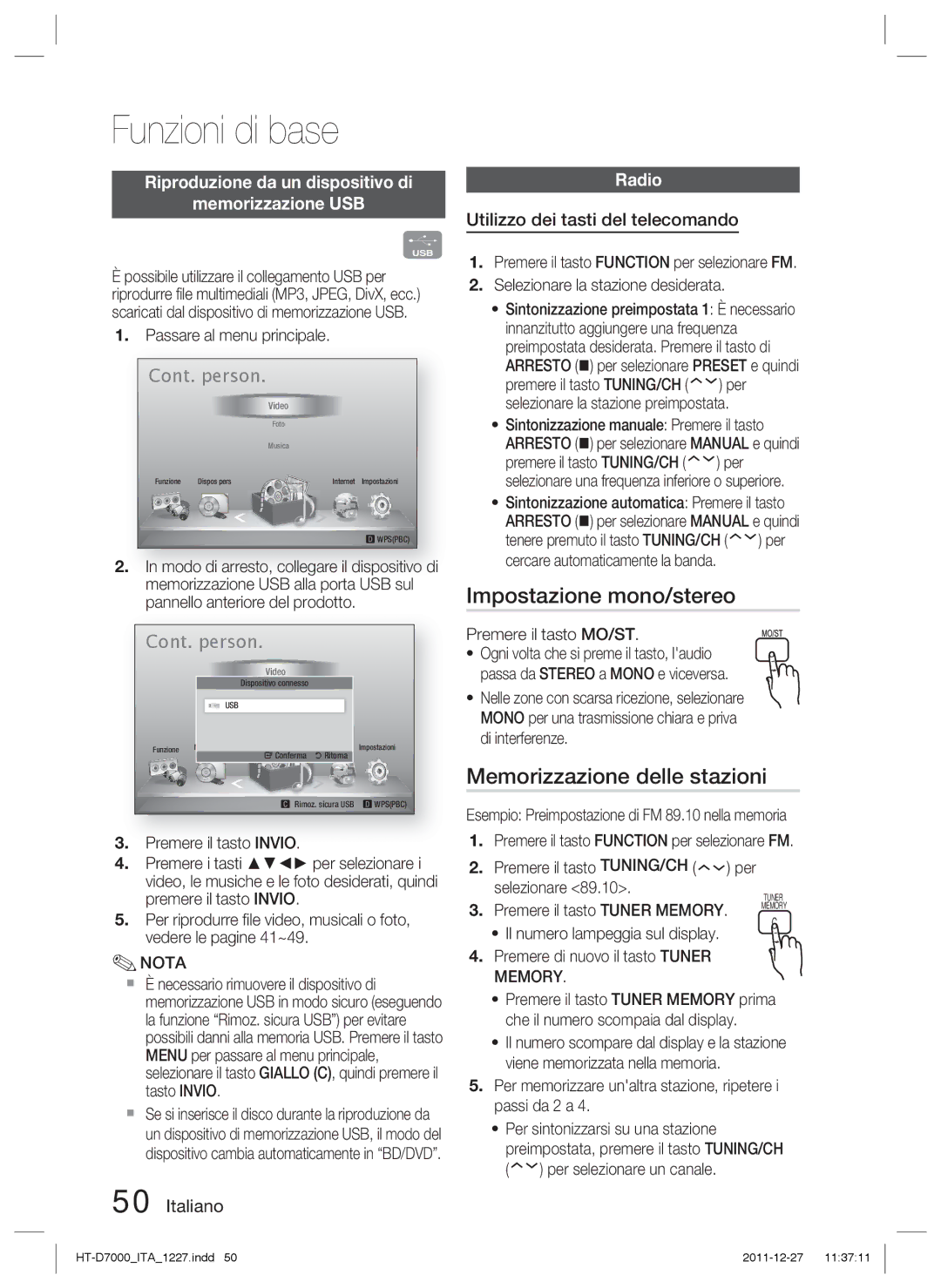 Samsung HT-D7000/ZF Impostazione mono/stereo, Memorizzazione delle stazioni, Radio, Utilizzo dei tasti del telecomando 