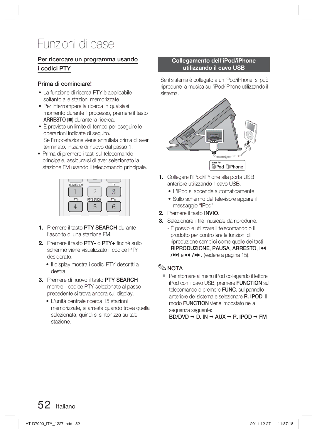 Samsung HT-D7000/ZF manual Collegamento delliPod/iPhone Utilizzando il cavo USB, Riproduzione, Pausa, Arresto, # 