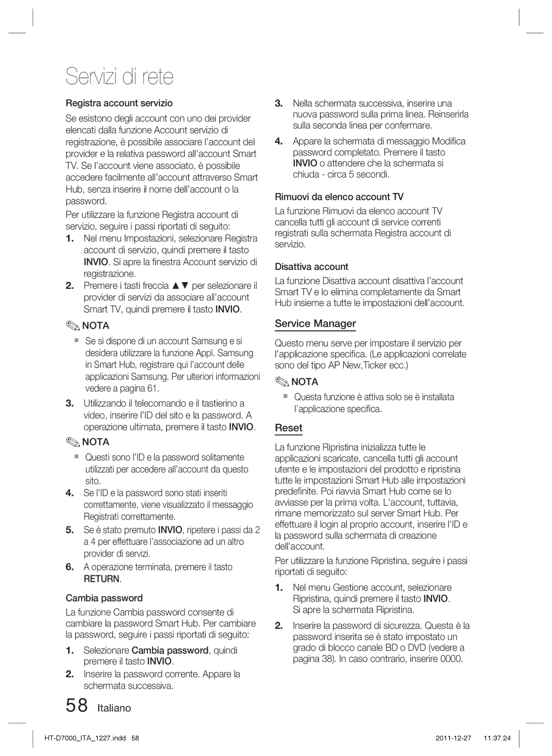 Samsung HT-D7000/ZF manual Service Manager, Reset, Registra account servizio, Return, Cambia password 