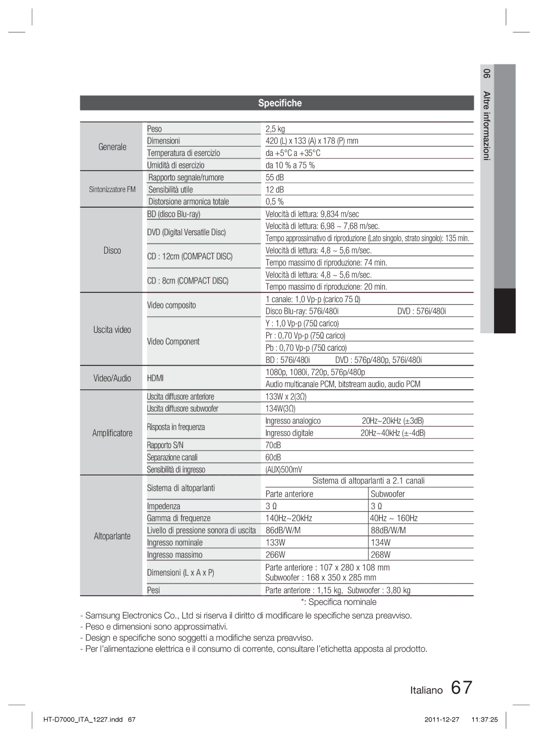 Samsung HT-D7000/ZF manual Speciﬁche 