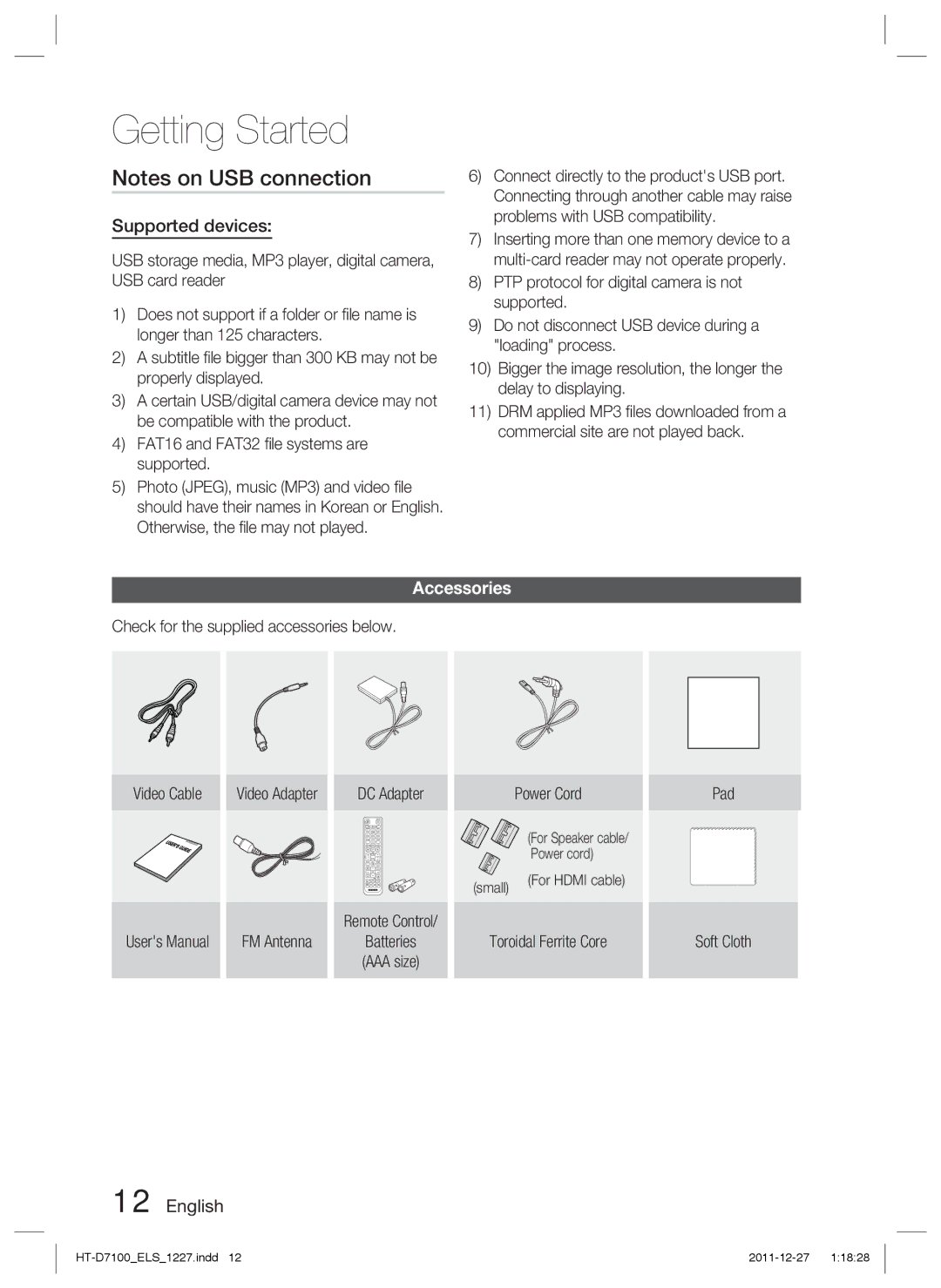 Samsung HT-D7100/EN, HT-D7100/XN, HT-D7100/ZF manual Supported devices, Accessories, Toroidal Ferrite Core Pad Soft Cloth 