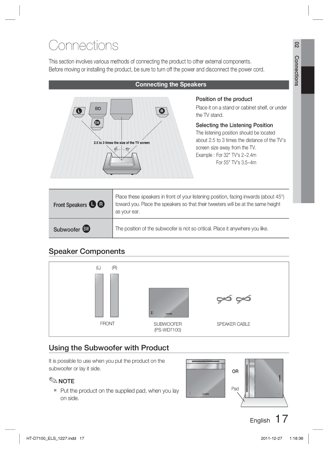 Samsung HT-D7100/XN manual Connections, Speaker Components, Using the Subwoofer with Product, Connecting the Speakers 