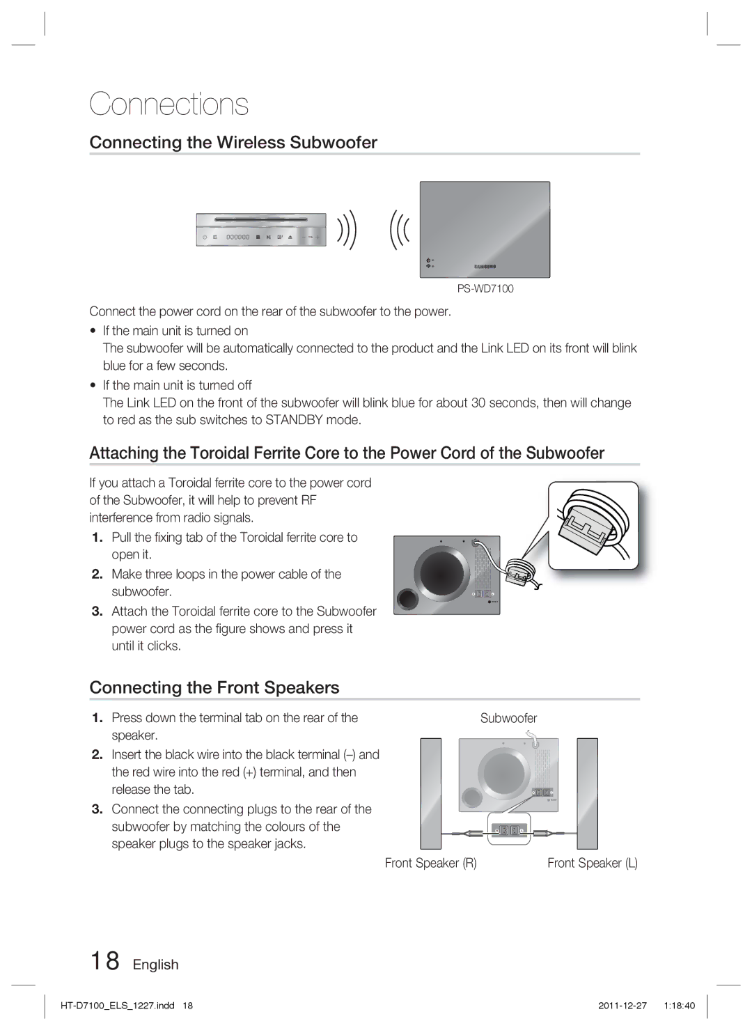 Samsung HT-D7100/ZF, HT-D7100/EN, HT-D7100/XN, HT-D7100/XE Connecting the Wireless Subwoofer, Connecting the Front Speakers 