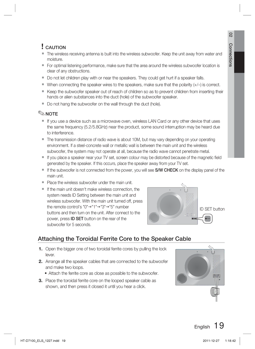 Samsung HT-D7100/XE, HT-D7100/EN, HT-D7100/XN, HT-D7100/ZF manual Attaching the Toroidal Ferrite Core to the Speaker Cable 