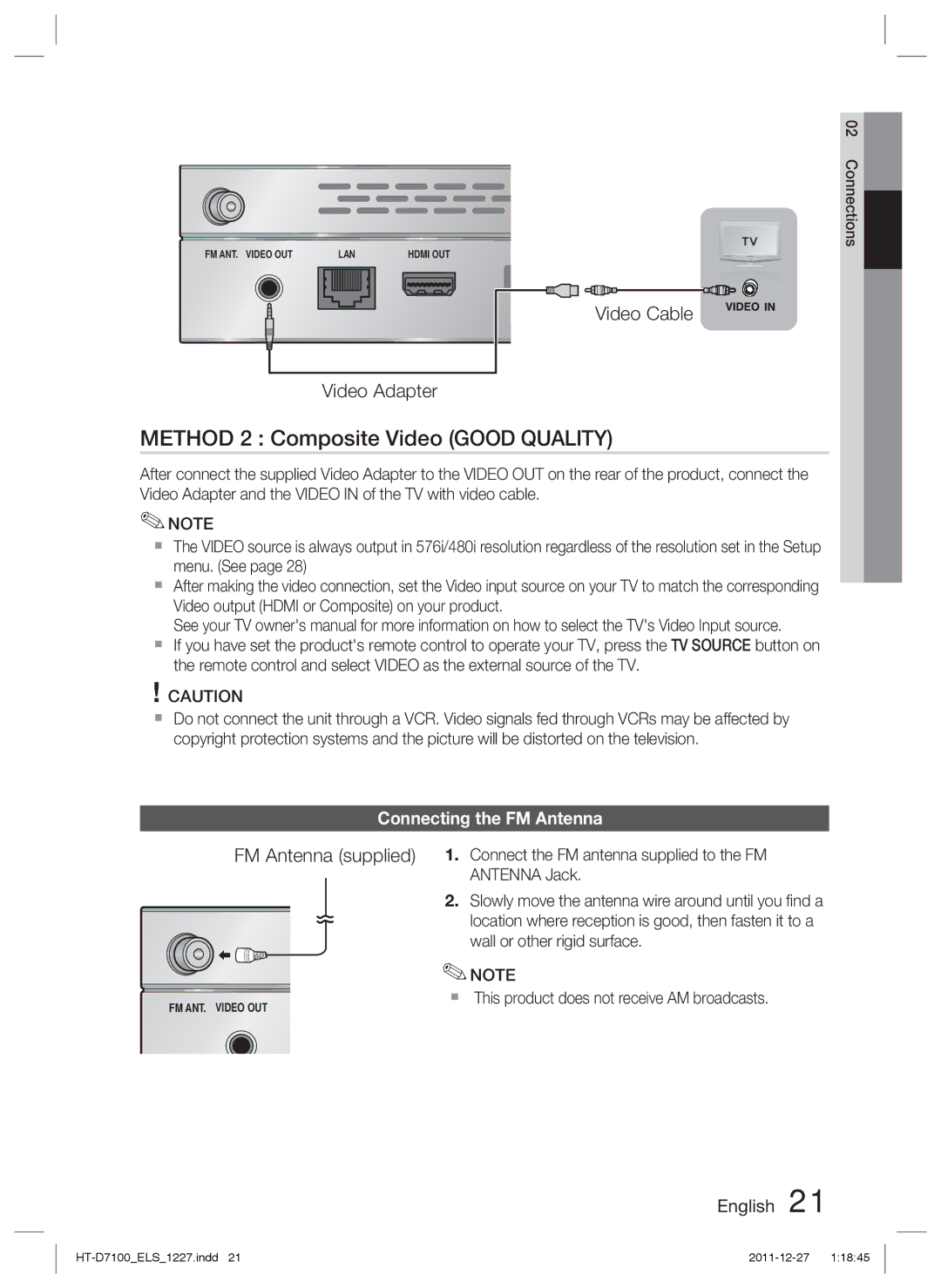 Samsung HT-D7100/XN, HT-D7100/EN Method 2 Composite Video Good Quality, Video Adapter, Video Cable, FM Antenna supplied 