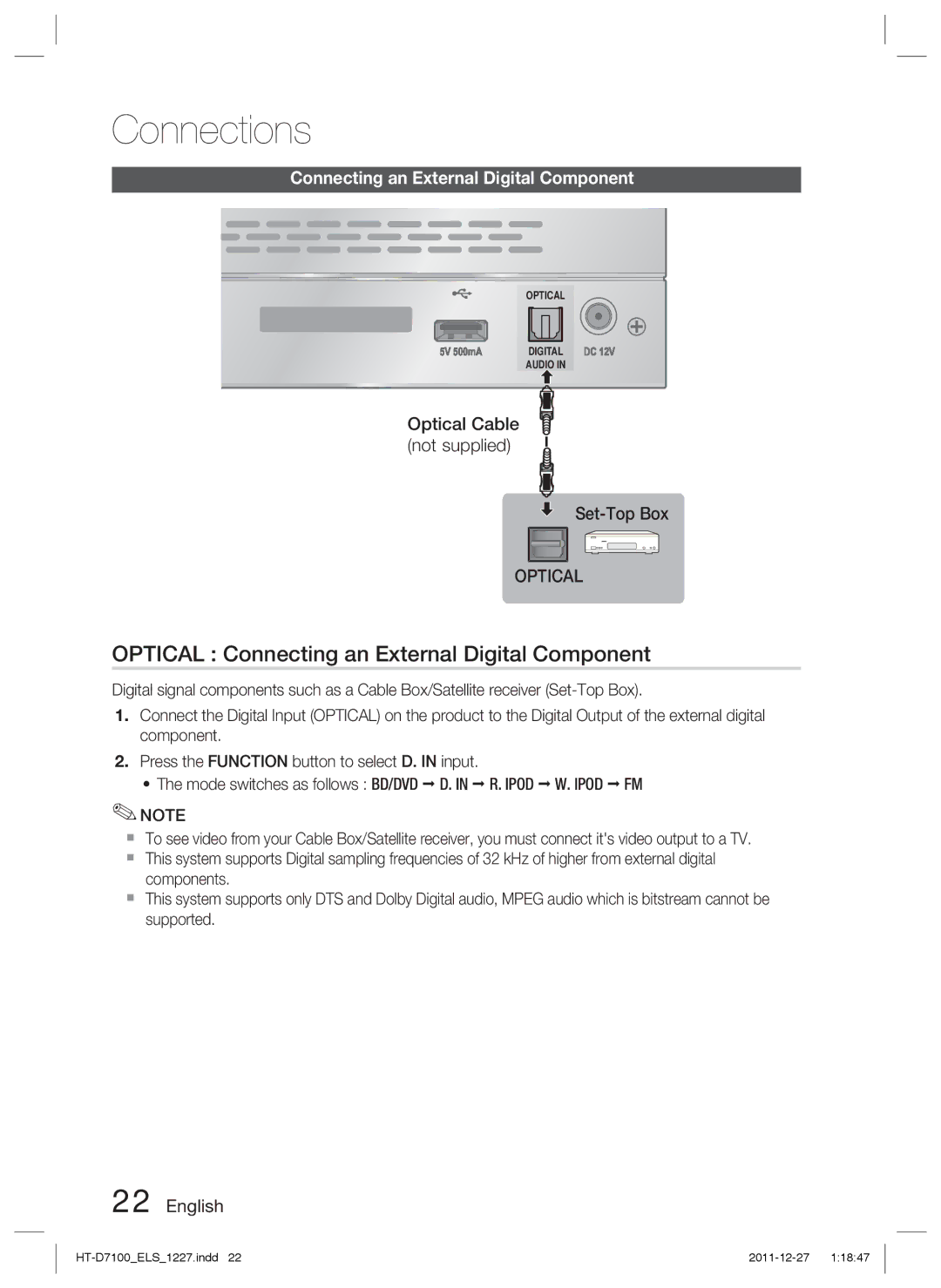 Samsung HT-D7100/ZF, HT-D7100/EN Optical Connecting an External Digital Component, Optical Cable not supplied Set-Top Box 