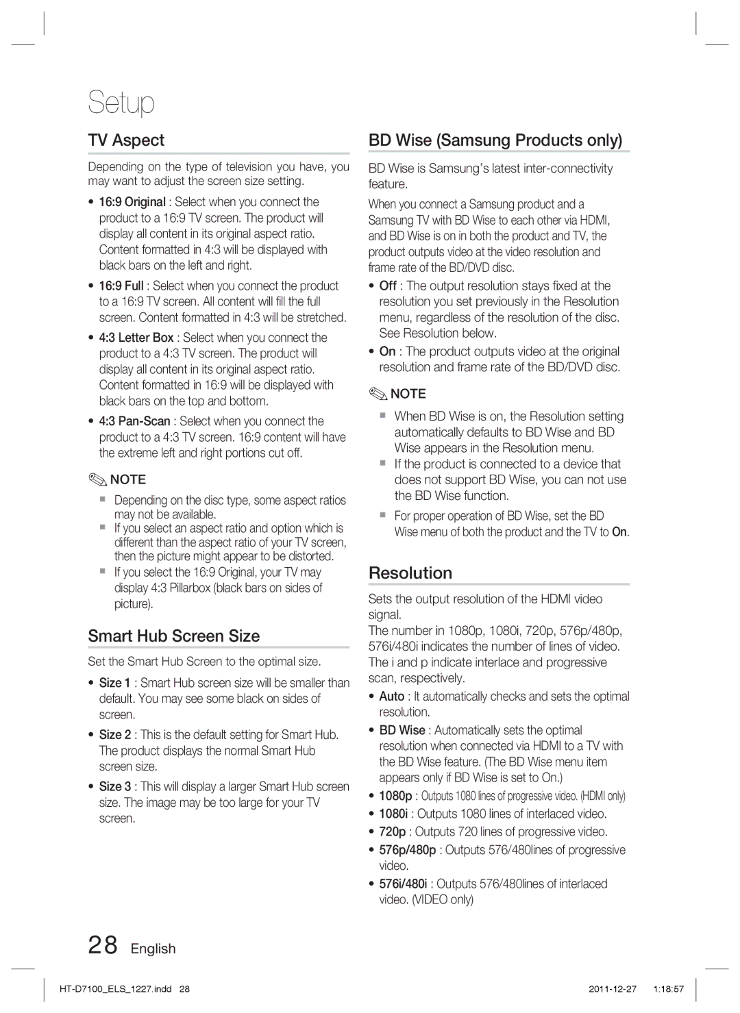 Samsung HT-D7100/EN, HT-D7100/XN, HT-D7100/ZF TV Aspect, Smart Hub Screen Size, BD Wise Samsung Products only, Resolution 