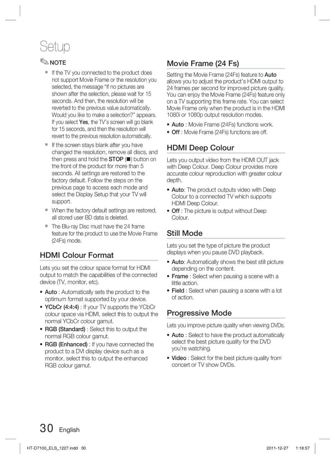 Samsung HT-D7100/ZF, HT-D7100/EN Hdmi Colour Format, Movie Frame 24 Fs, Hdmi Deep Colour, Still Mode, Progressive Mode 