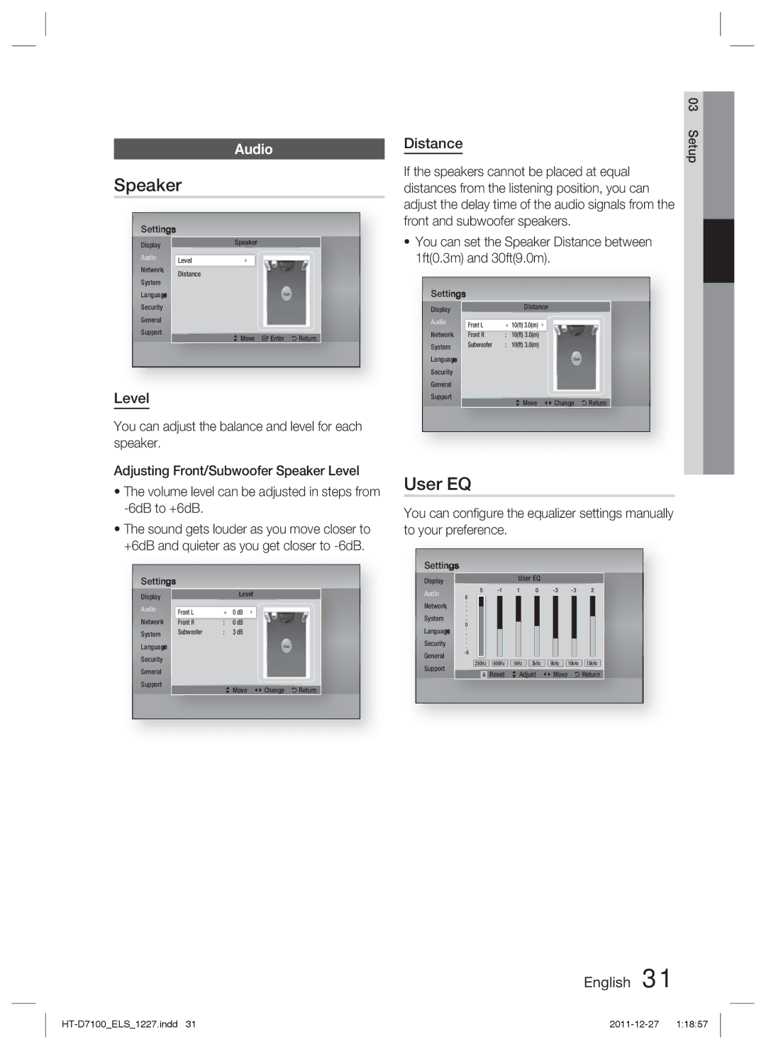 Samsung HT-D7100/XE, HT-D7100/EN, HT-D7100/XN, HT-D7100/ZF manual Speaker, User EQ, Audio, Level, Distance 