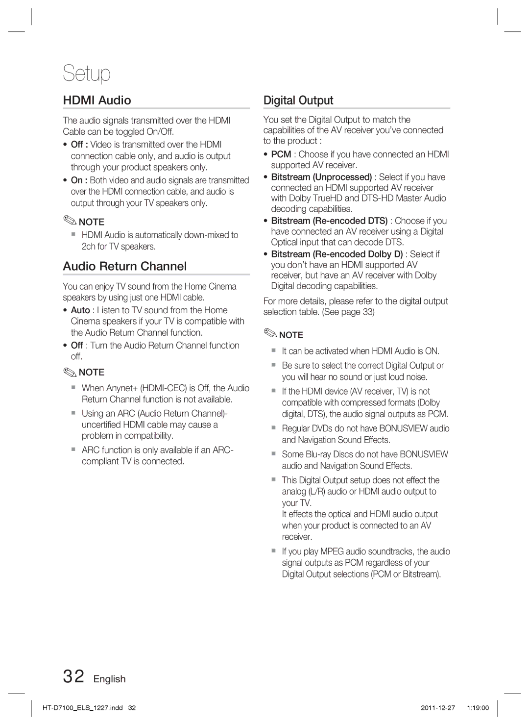 Samsung HT-D7100/EN, HT-D7100/XN, HT-D7100/ZF, HT-D7100/XE manual Hdmi Audio, Audio Return Channel, Digital Output 