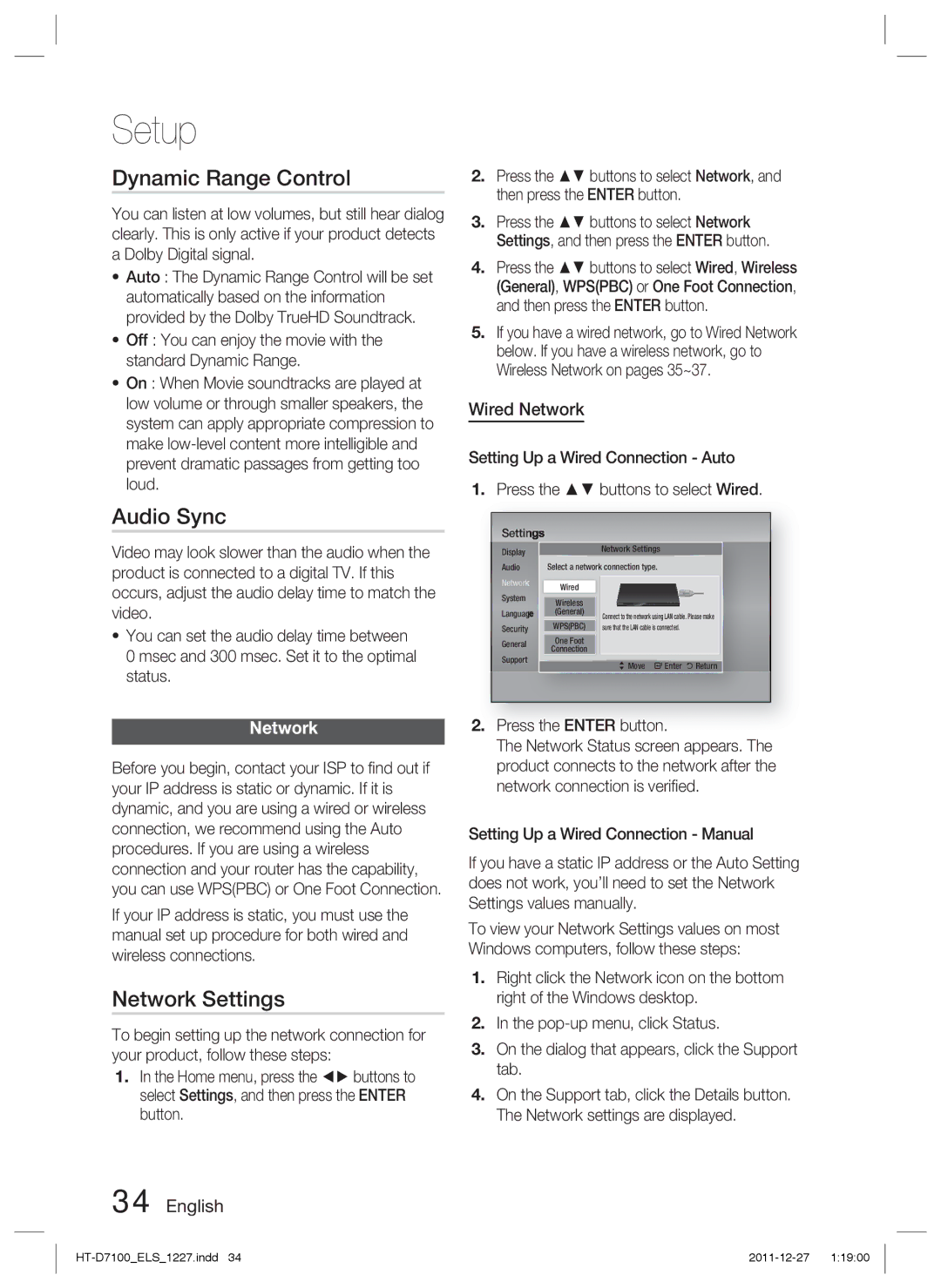 Samsung HT-D7100/ZF, HT-D7100/EN, HT-D7100/XN manual Dynamic Range Control, Audio Sync, Network Settings, Wired Network 