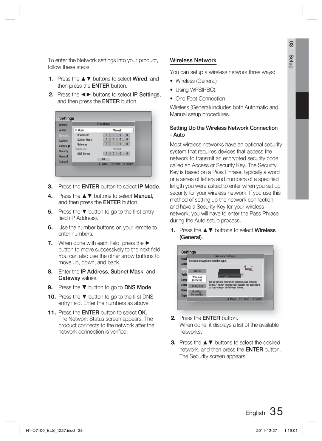 Samsung HT-D7100/XE, HT-D7100/EN, HT-D7100/XN, HT-D7100/ZF manual Wireless Network 