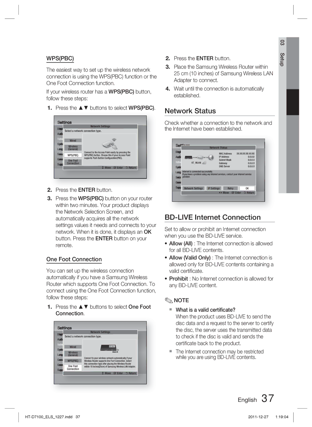 Samsung HT-D7100/XN, HT-D7100/EN Network Status, BD-LIVE Internet Connection, One Foot Connection, Press the Enter button 