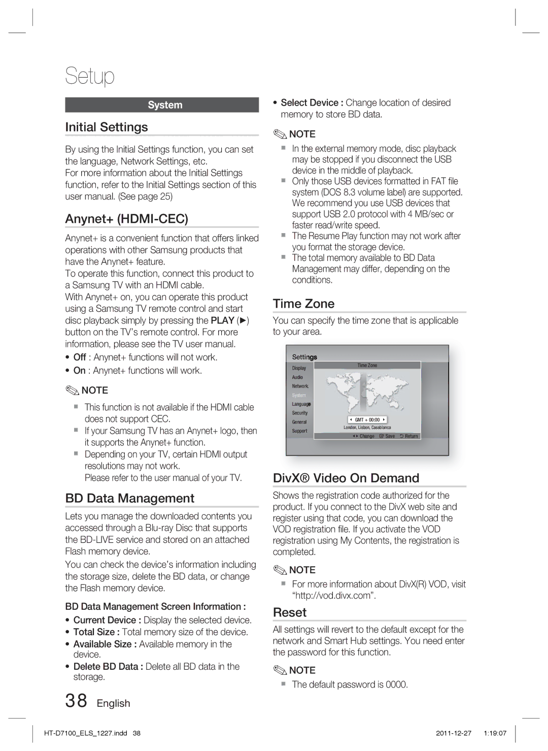 Samsung HT-D7100/ZF manual Initial Settings, Anynet+ HDMI-CEC, BD Data Management, Time Zone, DivX Video On Demand, Reset 