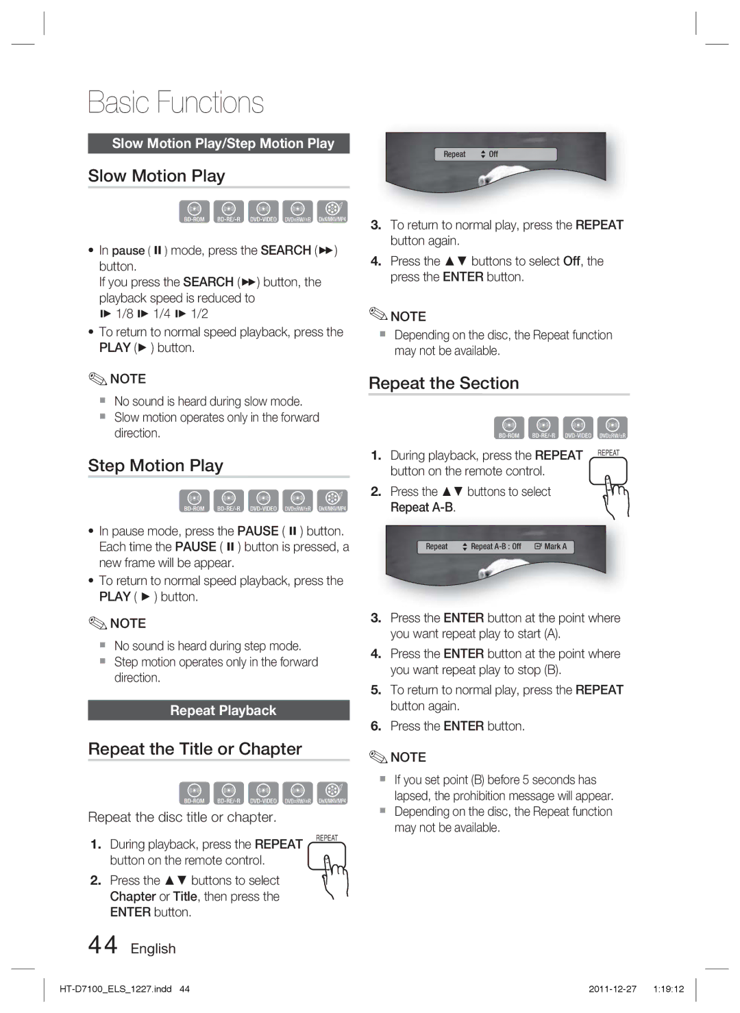 Samsung HT-D7100/EN, HT-D7100/XN manual Slow Motion Play, Step Motion Play, Repeat the Title or Chapter, Repeat the Section 