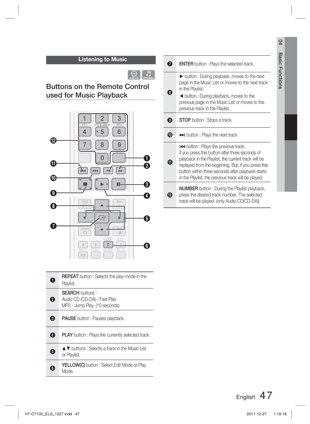 Samsung HT-D7100/XE, HT-D7100/EN, HT-D7100/XN Buttons on the Remote Control used for Music Playback, Listening to Music 