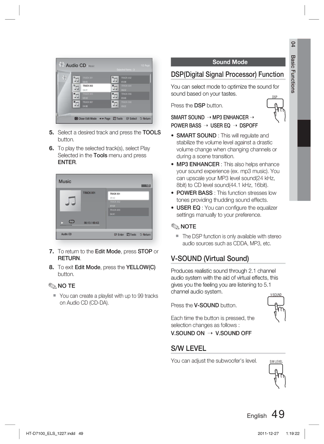 Samsung HT-D7100/XN, HT-D7100/EN, HT-D7100/ZF manual Sound Virtual Sound, DSPDigital Signal Processor Function, Sound Mode 