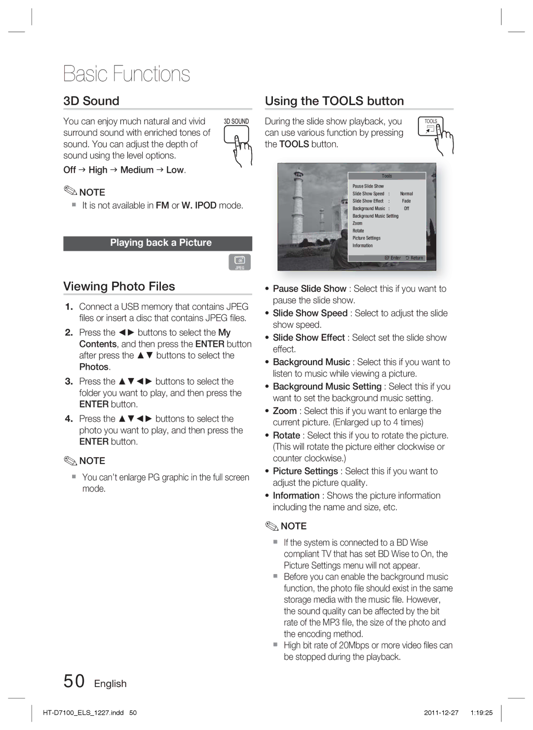 Samsung HT-D7100/ZF, HT-D7100/EN, HT-D7100/XN 3D Sound, Viewing Photo Files, Using the Tools button, Playing back a Picture 