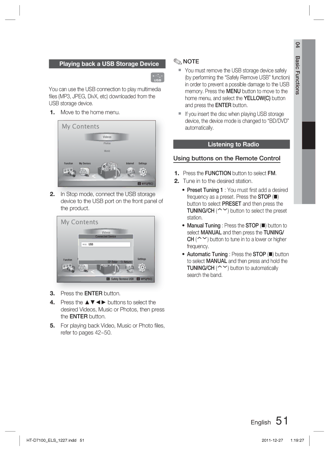 Samsung HT-D7100/XE manual Playing back a USB Storage Device, Listening to Radio, Using buttons on the Remote Control 