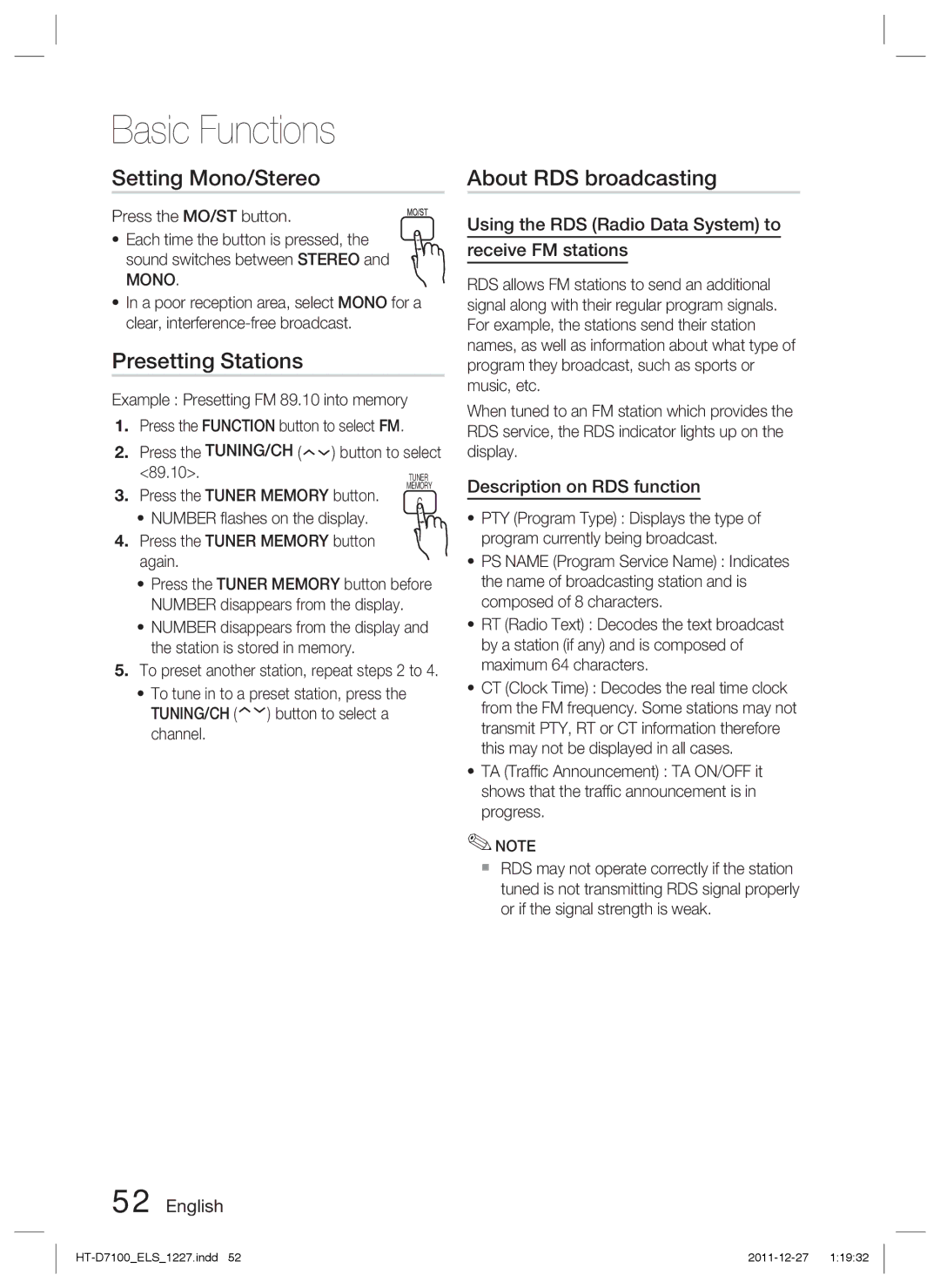 Samsung HT-D7100/EN manual Setting Mono/Stereo, Presetting Stations, About RDS broadcasting, Description on RDS function 