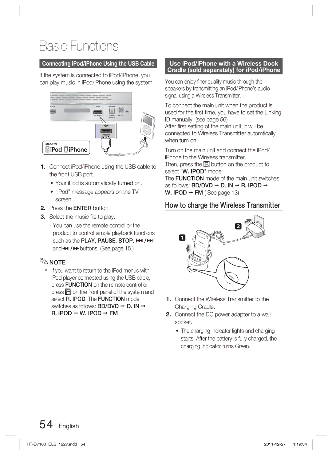 Samsung HT-D7100/ZF, HT-D7100/EN How to charge the Wireless Transmitter, Select R. IPOD. The Function mode, Ipod Ipod FM 