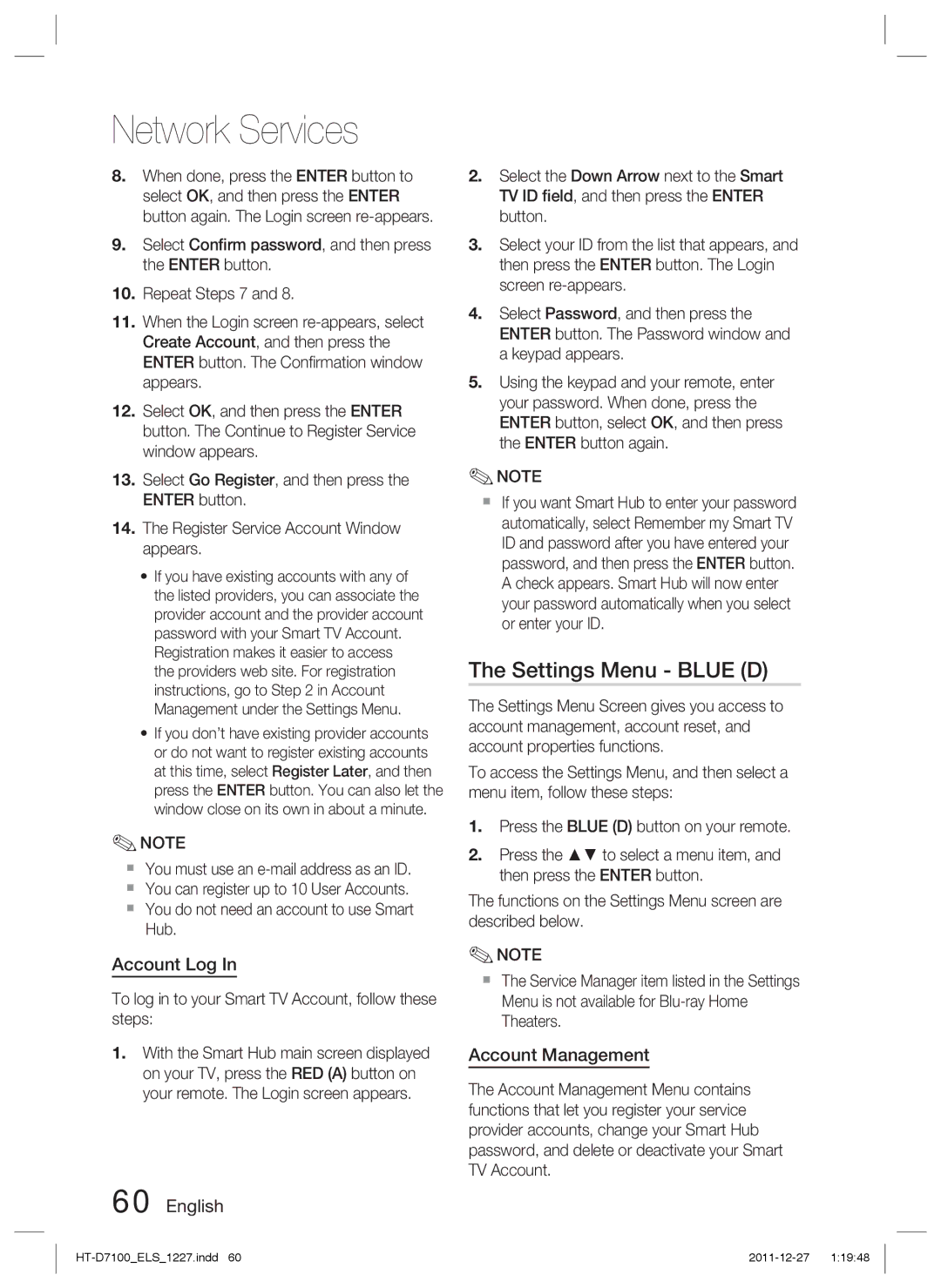 Samsung HT-D7100/EN, HT-D7100/XN, HT-D7100/ZF, HT-D7100/XE manual Settings Menu Blue D, Account Log, Account Management 