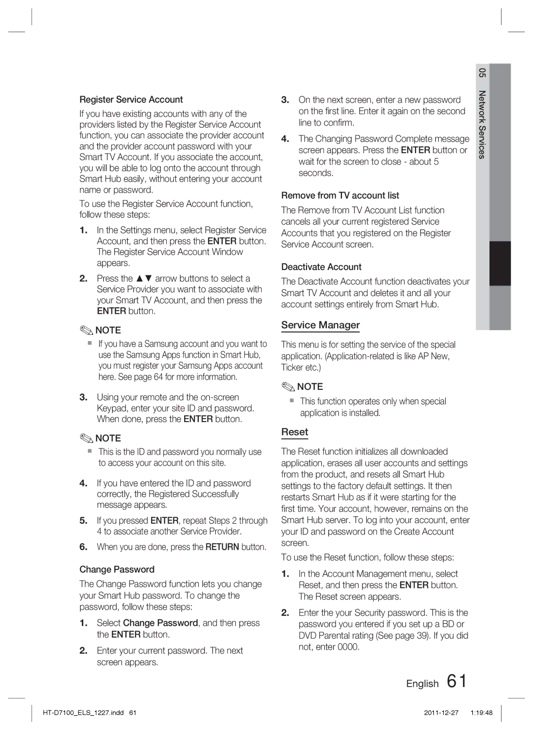 Samsung HT-D7100/XN Service Manager, Reset, Register Service Account, Line to conﬁrm, Changing Password Complete message 