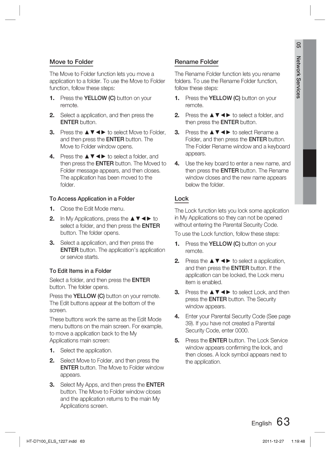 Samsung HT-D7100/XE, HT-D7100/EN, HT-D7100/XN, HT-D7100/ZF manual Move to Folder, Rename Folder, Lock 