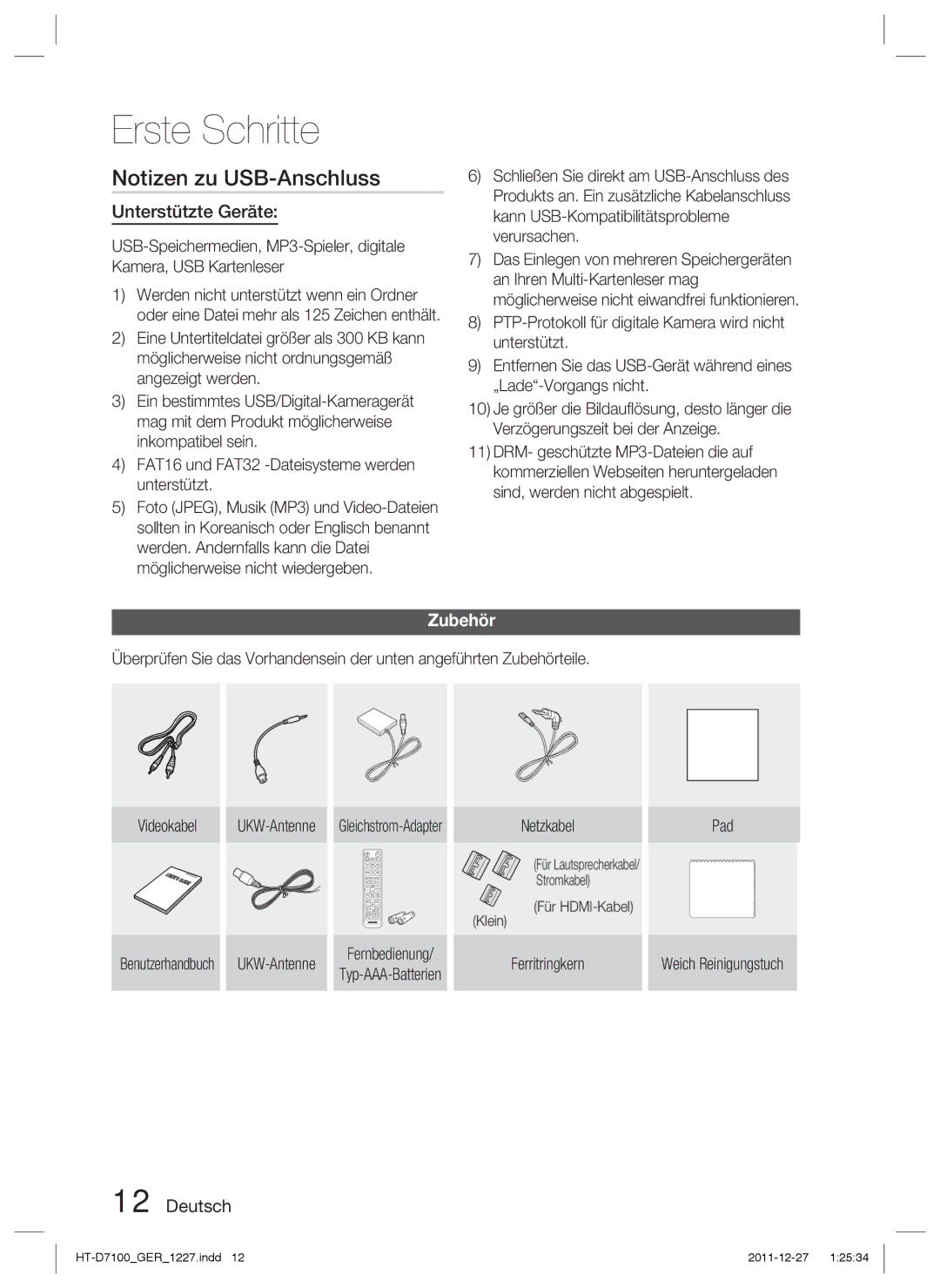 Samsung HT-D7100/EN, HT-D7100/XN, HT-D7100/ZF manual Notizen zu USB-Anschluss, Unterstützte Geräte, Zubehör 