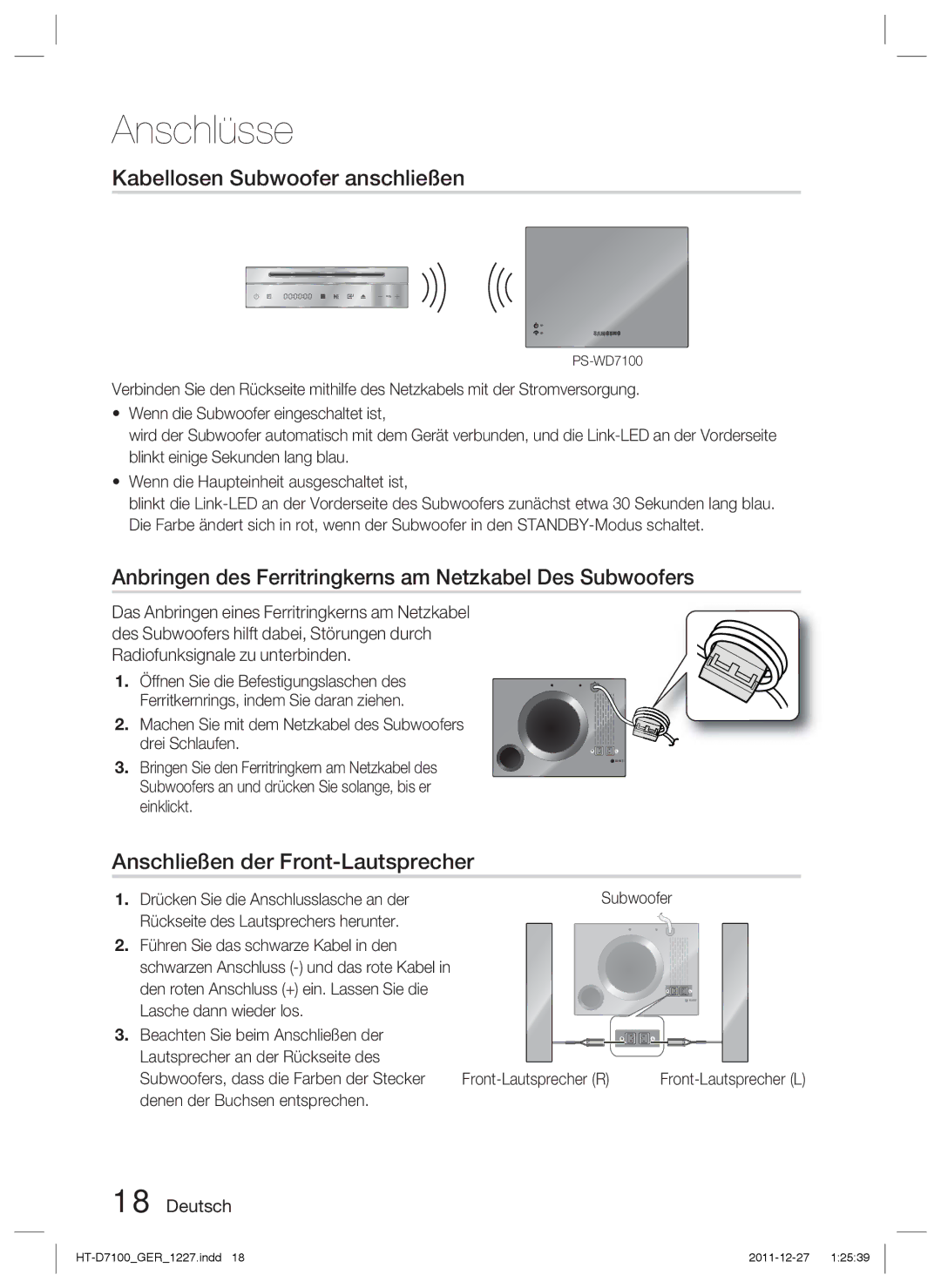 Samsung HT-D7100/EN manual Kabellosen Subwoofer anschließen, Anbringen des Ferritringkerns am Netzkabel Des Subwoofers 