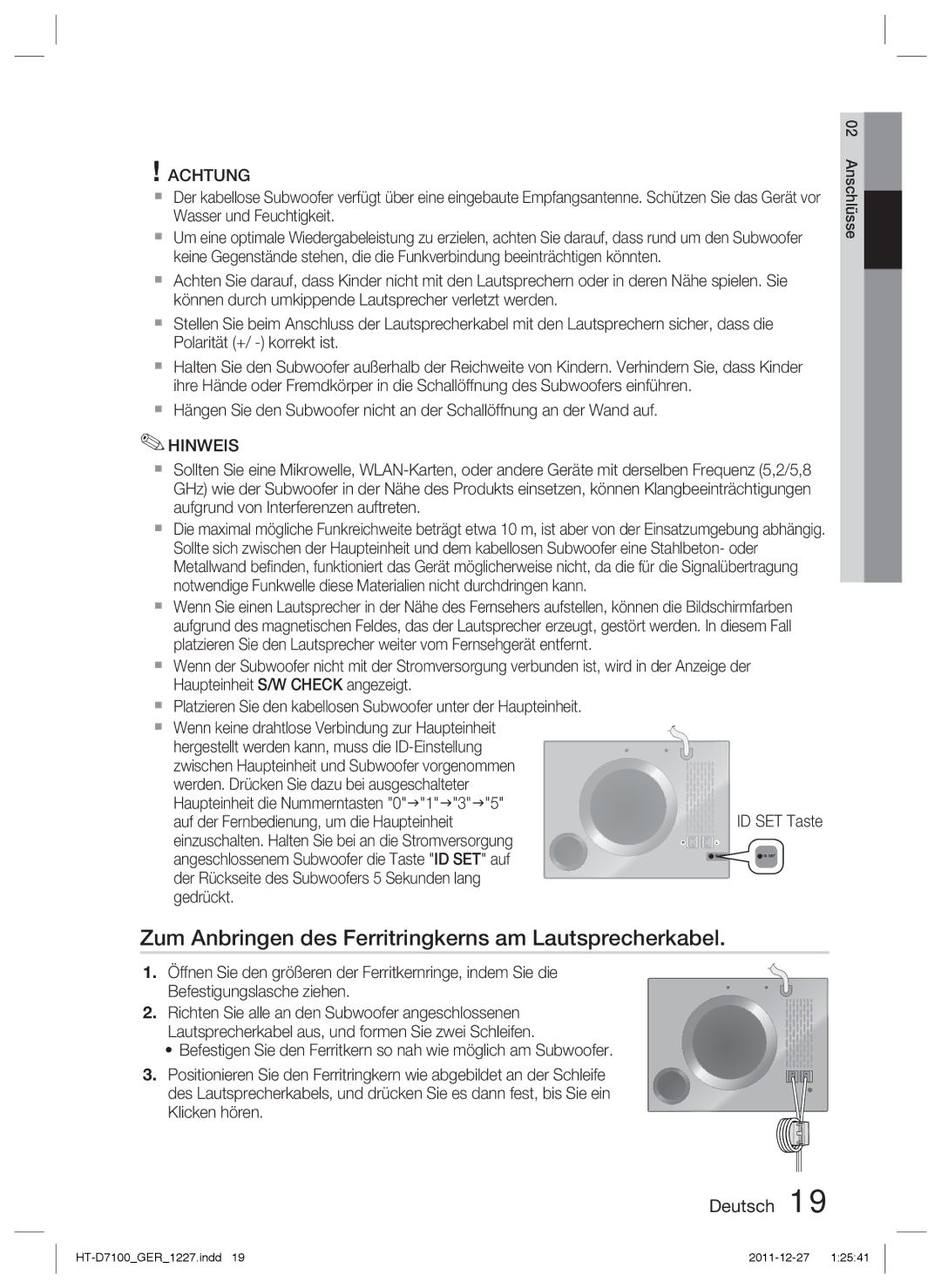 Samsung HT-D7100/XN, HT-D7100/EN, HT-D7100/ZF manual Zum Anbringen des Ferritringkerns am Lautsprecherkabel, Achtung 