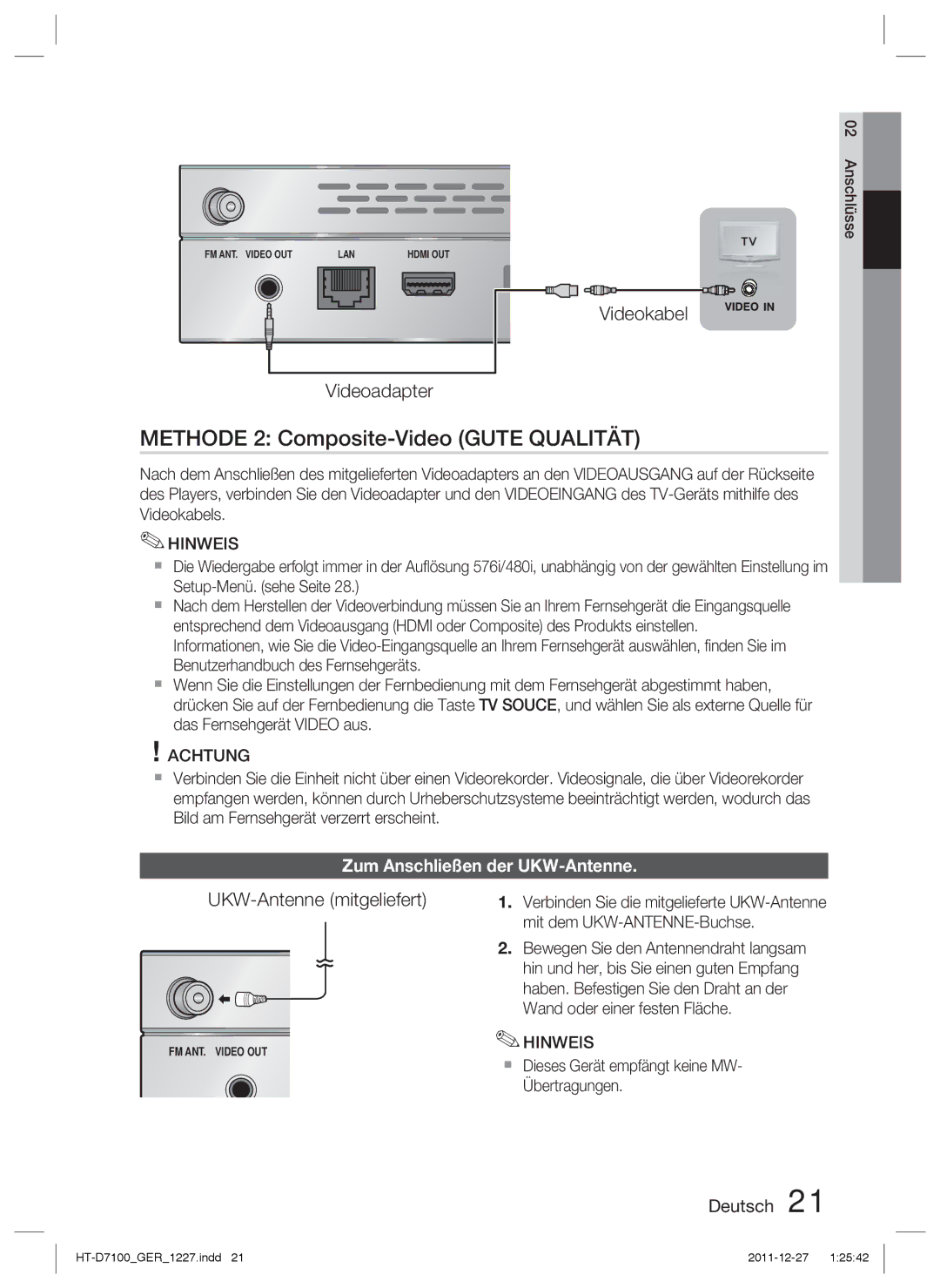 Samsung HT-D7100/EN manual Methode 2 Composite-Video Gute Qualität, Videokabel Videoadapter, UKW-Antenne mitgeliefert 