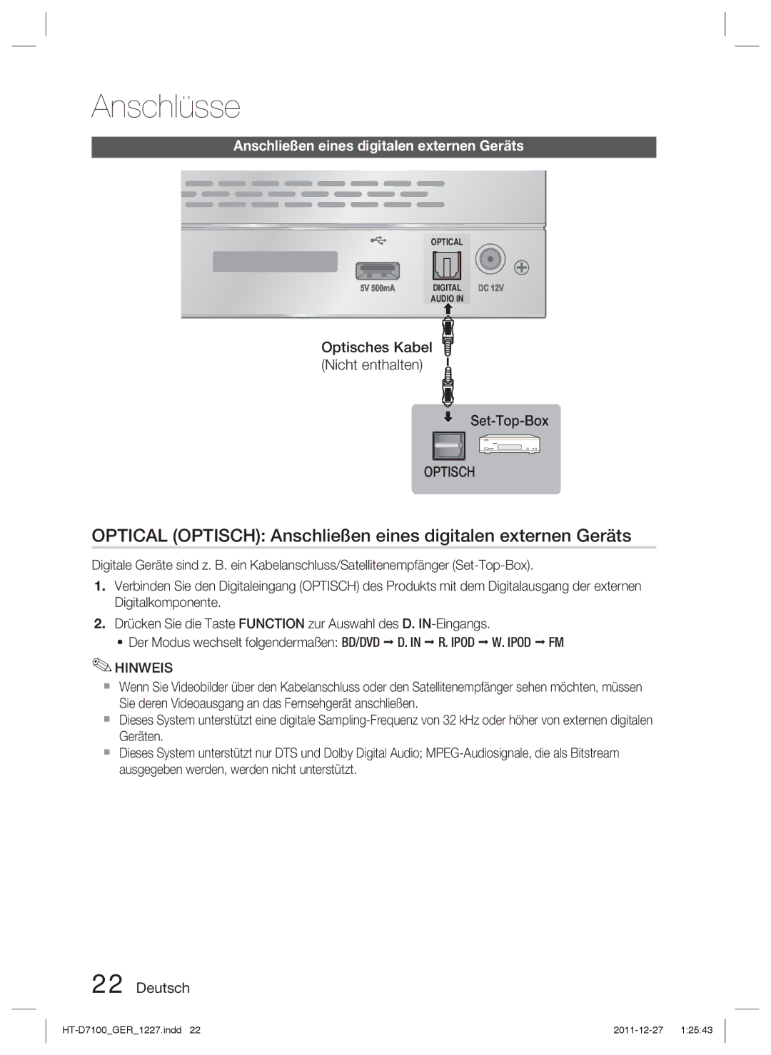 Samsung HT-D7100/XN, HT-D7100/EN, HT-D7100/ZF manual Optical Optisch Anschließen eines digitalen externen Geräts 