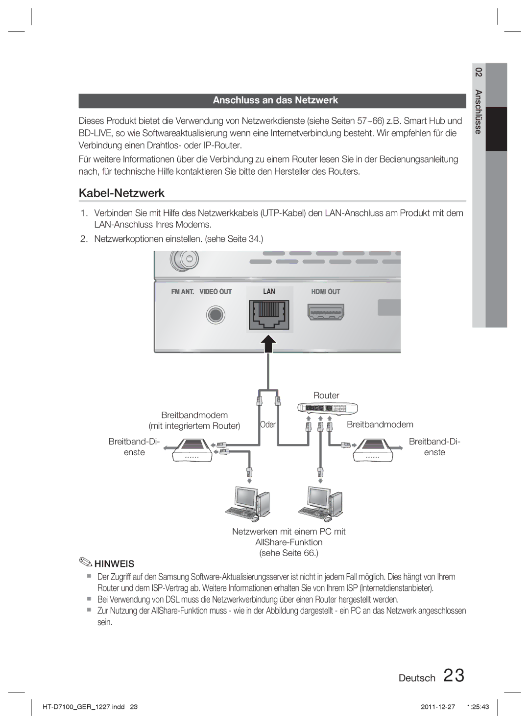 Samsung HT-D7100/ZF, HT-D7100/EN, HT-D7100/XN manual Kabel-Netzwerk, Anschluss an das Netzwerk 