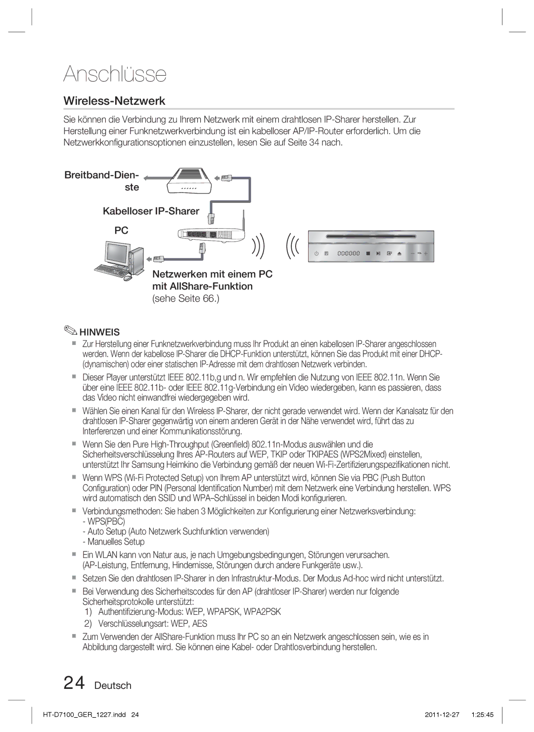 Samsung HT-D7100/EN, HT-D7100/XN, HT-D7100/ZF manual Wireless-Netzwerk, Wpspbc 