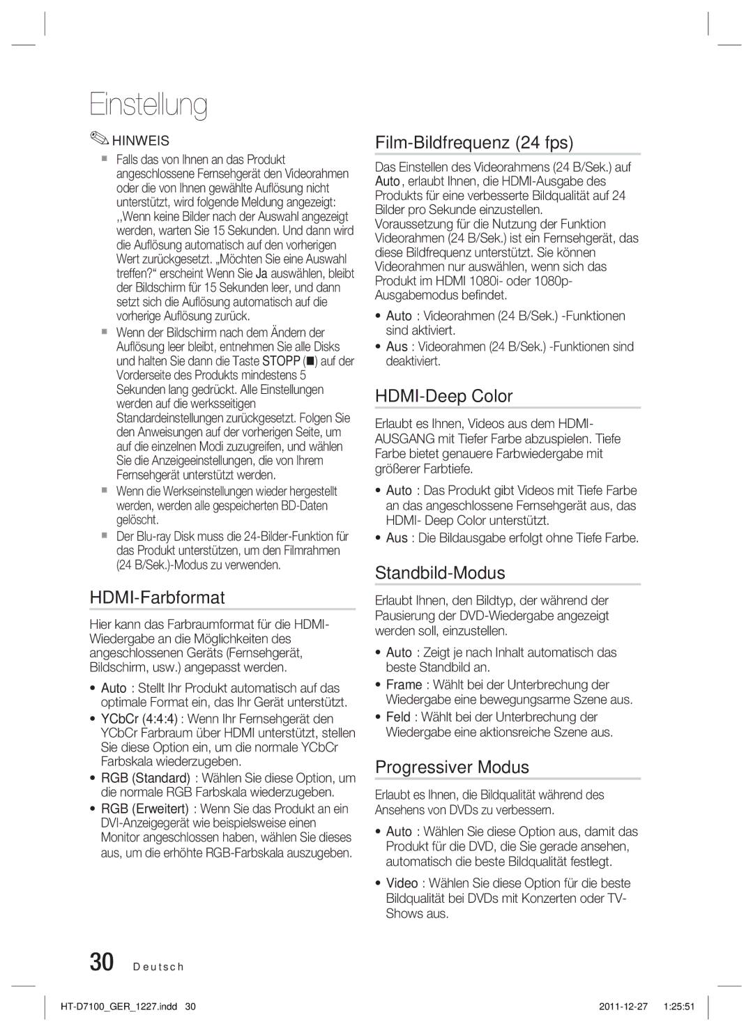 Samsung HT-D7100/EN manual HDMI-Farbformat, Film-Bildfrequenz 24 fps, HDMI-Deep Color, Standbild-Modus, Progressiver Modus 