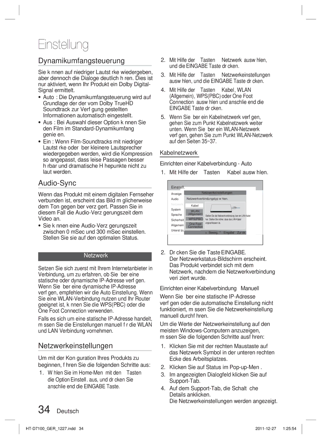 Samsung HT-D7100/XN, HT-D7100/EN, HT-D7100/ZF manual Dynamikumfangsteuerung, Audio-Sync, Netzwerkeinstellungen, Kabelnetzwerk 