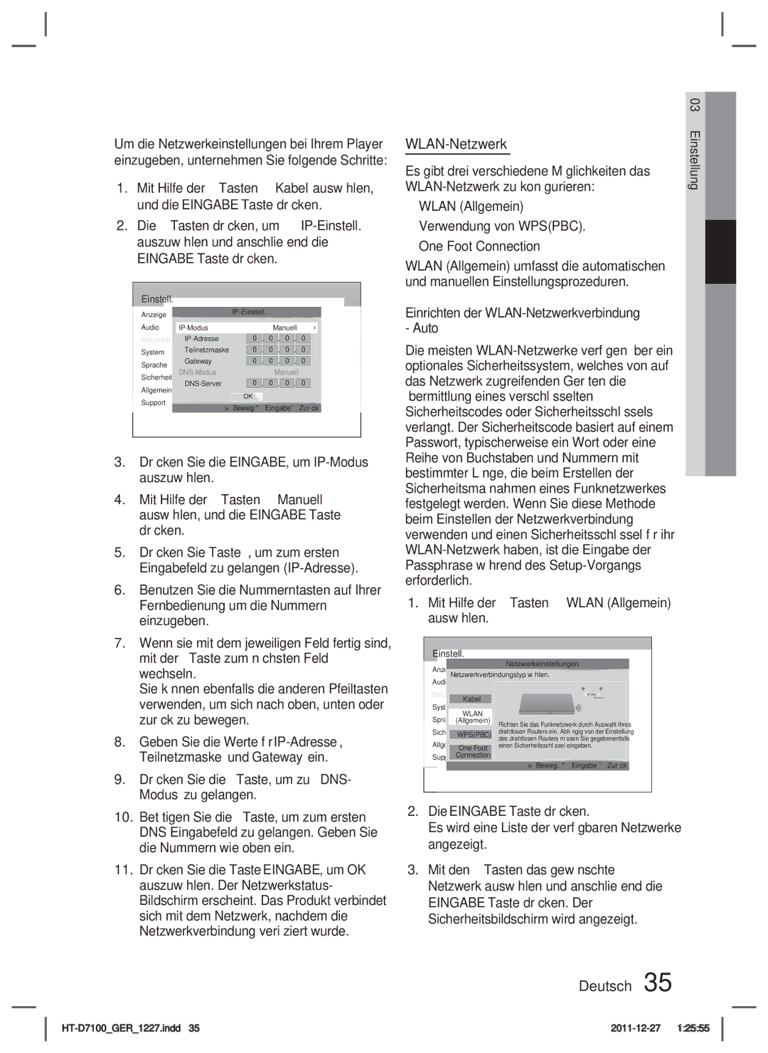 Samsung HT-D7100/ZF, HT-D7100/EN, HT-D7100/XN manual WLAN-Netzwerk, Zurück zu bewegen, Die Eingabe Taste drücken 