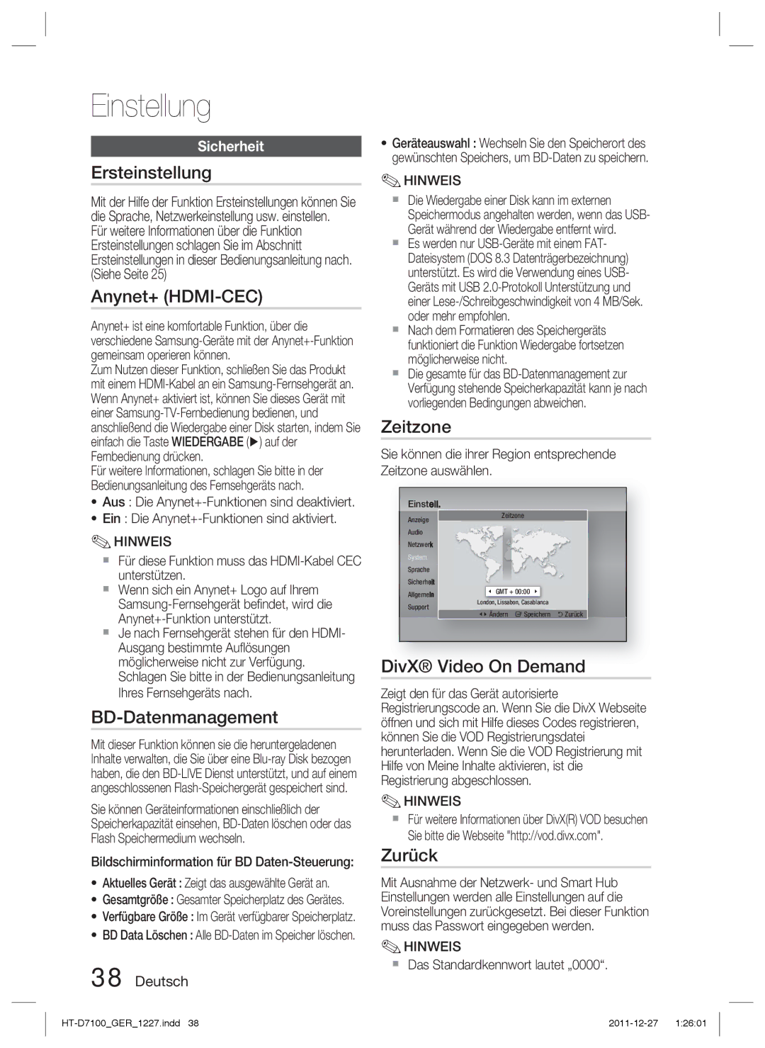 Samsung HT-D7100/ZF manual Ersteinstellung, Anynet+ HDMI-CEC, BD-Datenmanagement, Zeitzone, DivX Video On Demand, Zurück 