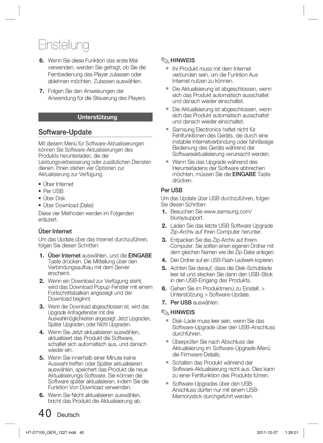 Samsung HT-D7100/XN Software-Update, Unterstützung, Über Internet, Per USB, Den Ordner auf ein USB-Flash-Laufwerk kopieren 