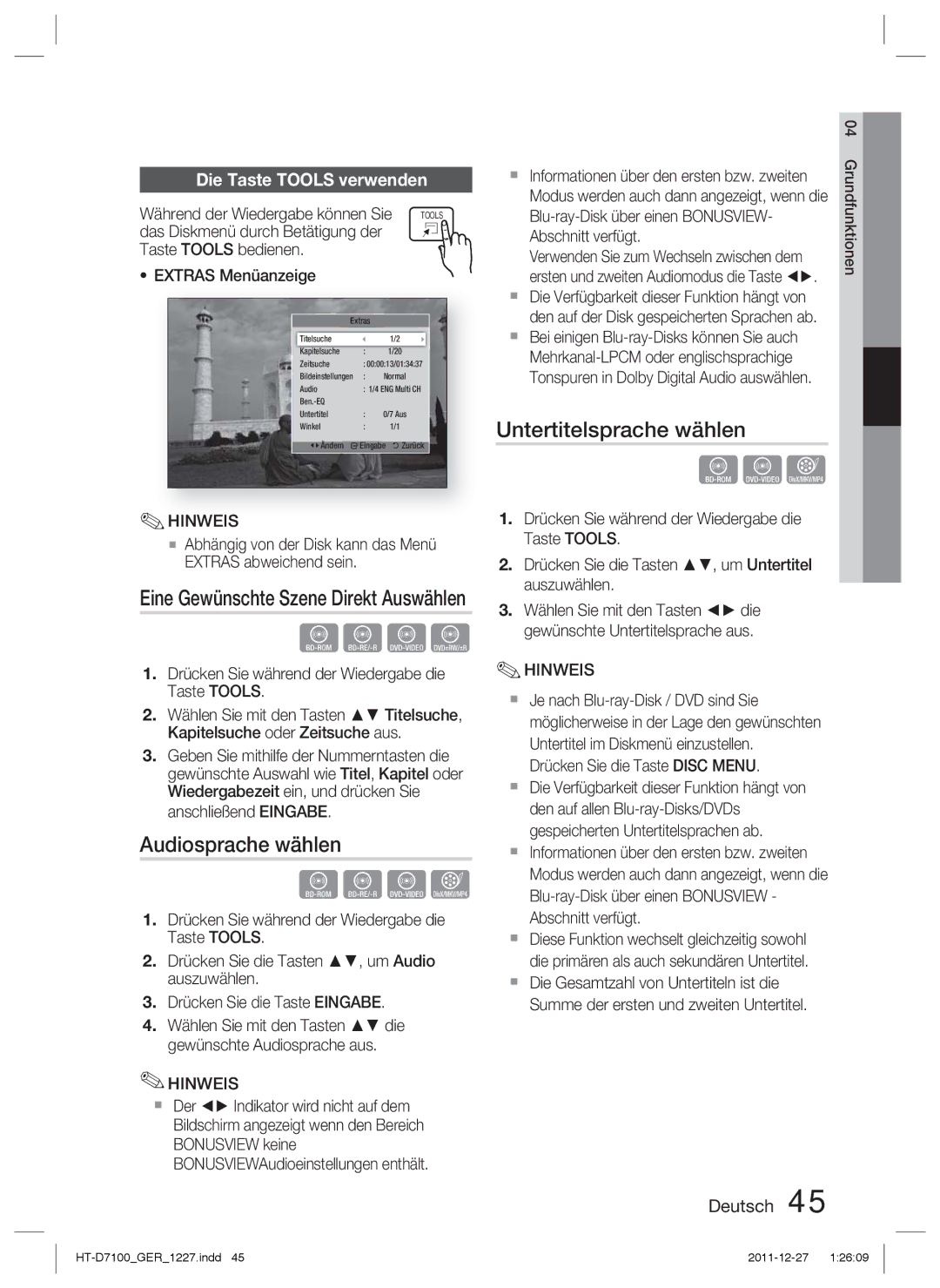 Samsung HT-D7100/EN, HT-D7100/XN, HT-D7100/ZF manual Audiosprache wählen, Untertitelsprache wählen, Die Taste Tools verwenden 