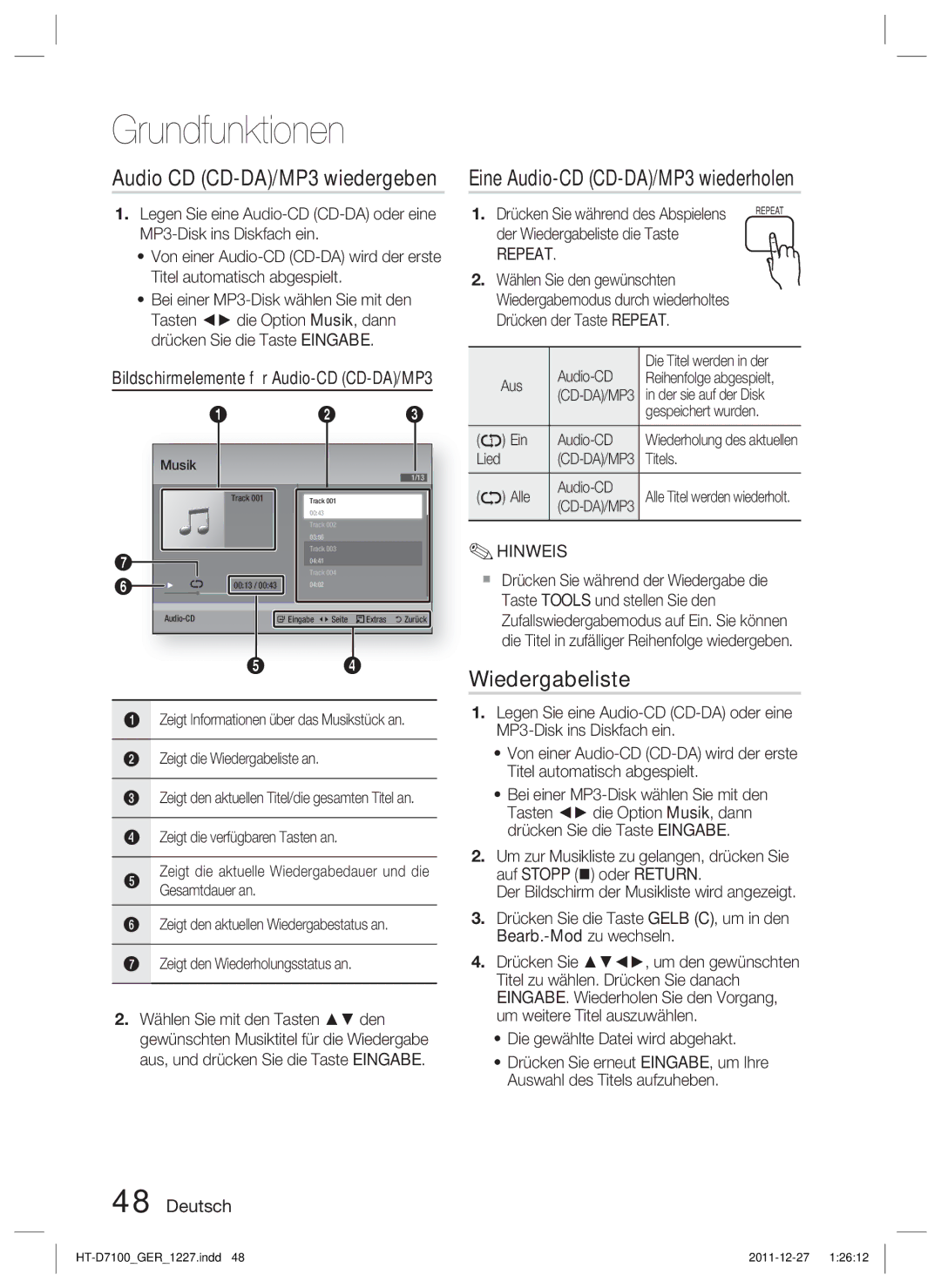 Samsung HT-D7100/EN, HT-D7100/XN, HT-D7100/ZF manual Eine Audio-CD CD-DA/MP3 wiederholen, Wiedergabeliste, Repeat 