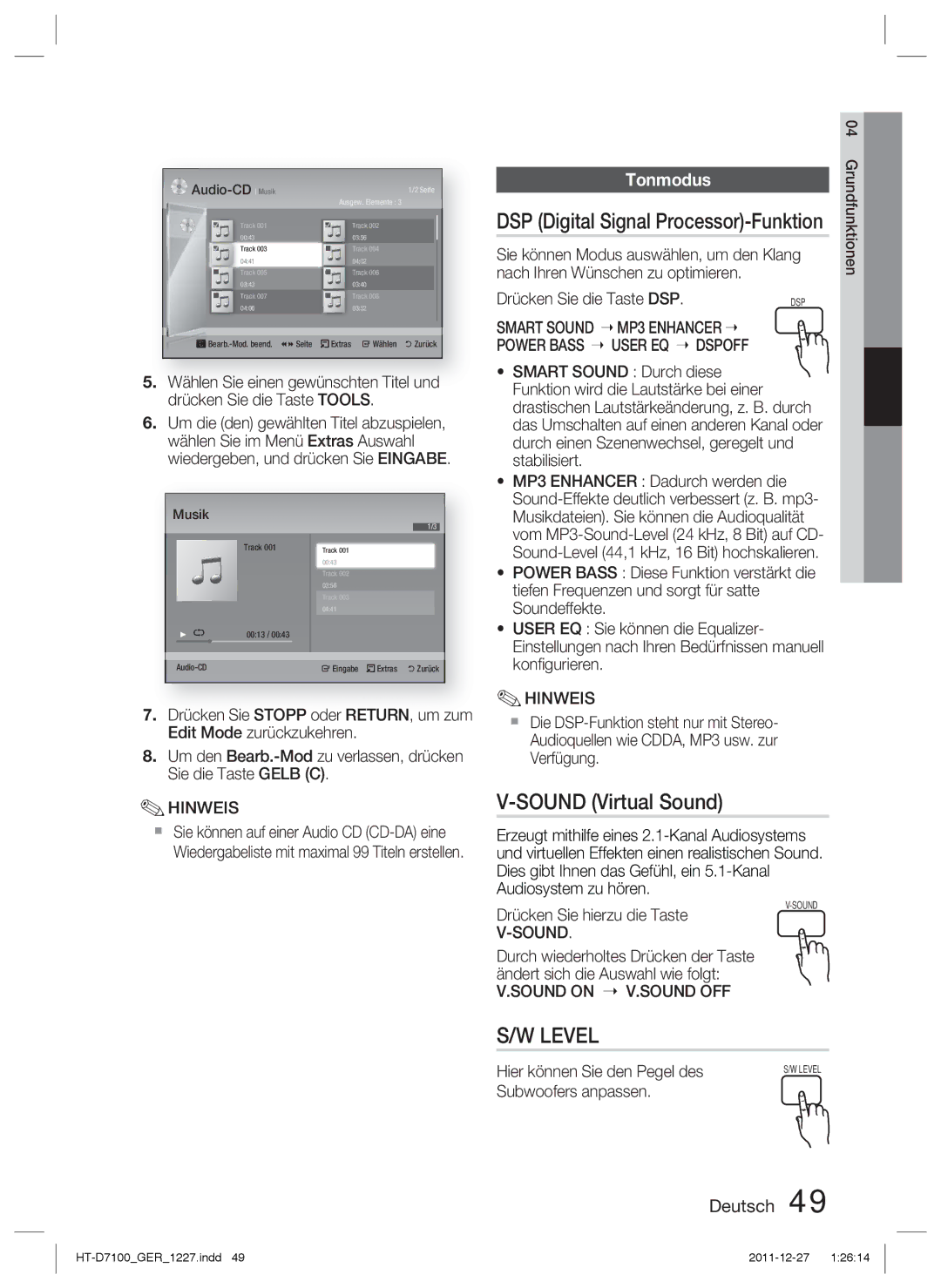 Samsung HT-D7100/XN, HT-D7100/EN, HT-D7100/ZF manual Sound Virtual Sound, DSP Digital Signal Processor-Funktion, Tonmodus 